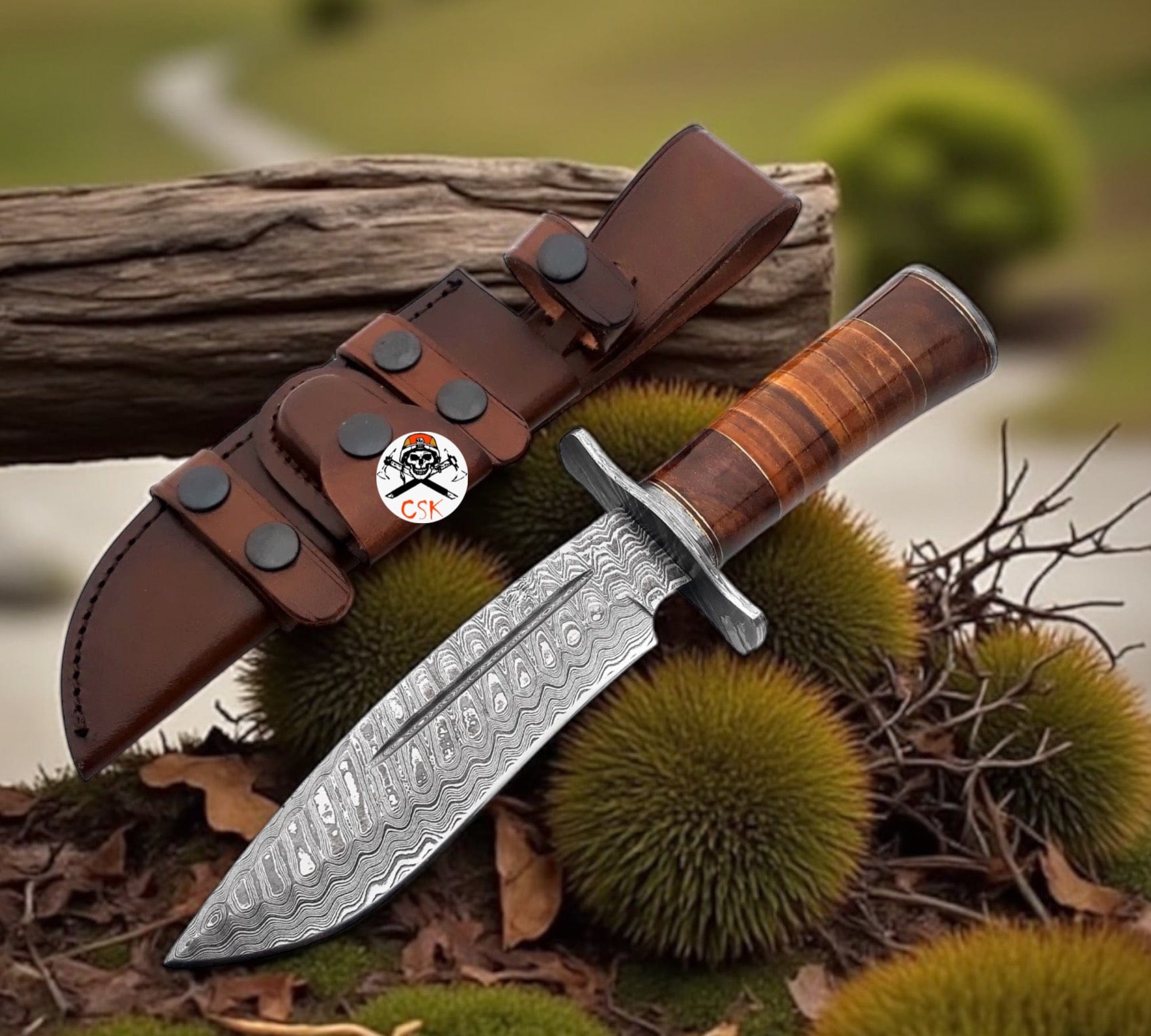 cskforged Knife Rambo Bowie Knife with Exotic Rosewood & Stacked Leather Handle