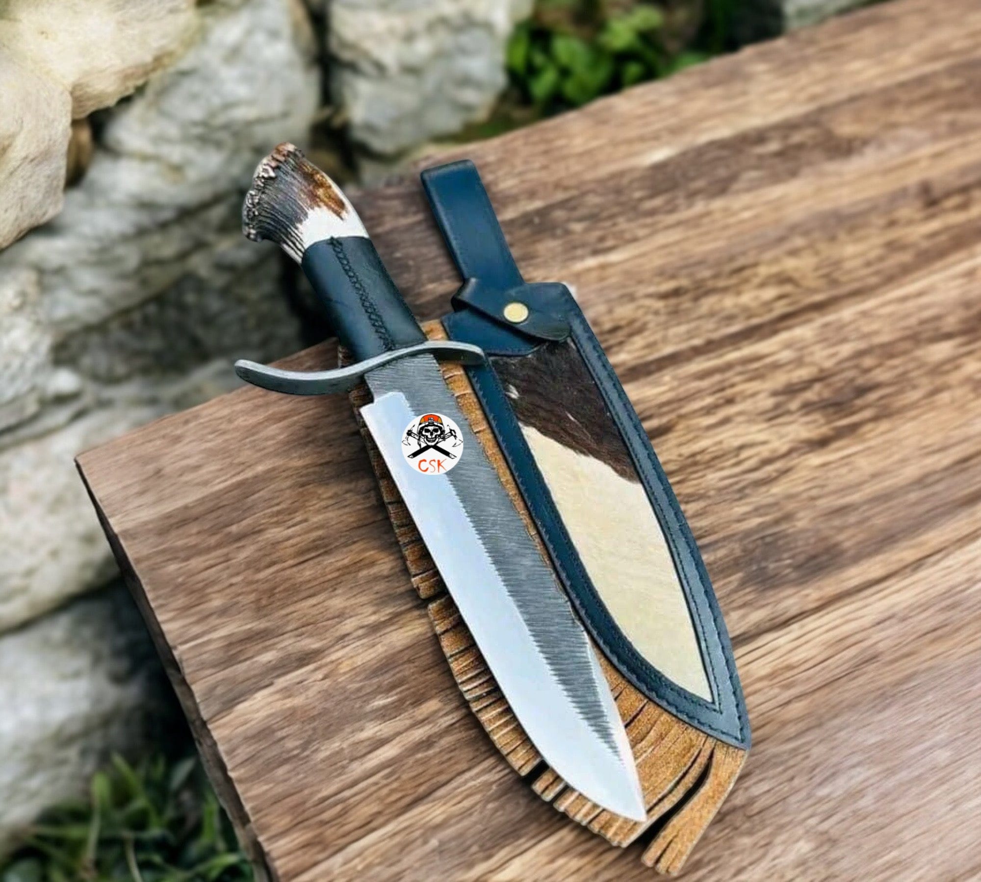 cskforged Knife Rugged Frontier Knife – High Carbon Steel Blade, Stag Handle & Western Leather Sheath
