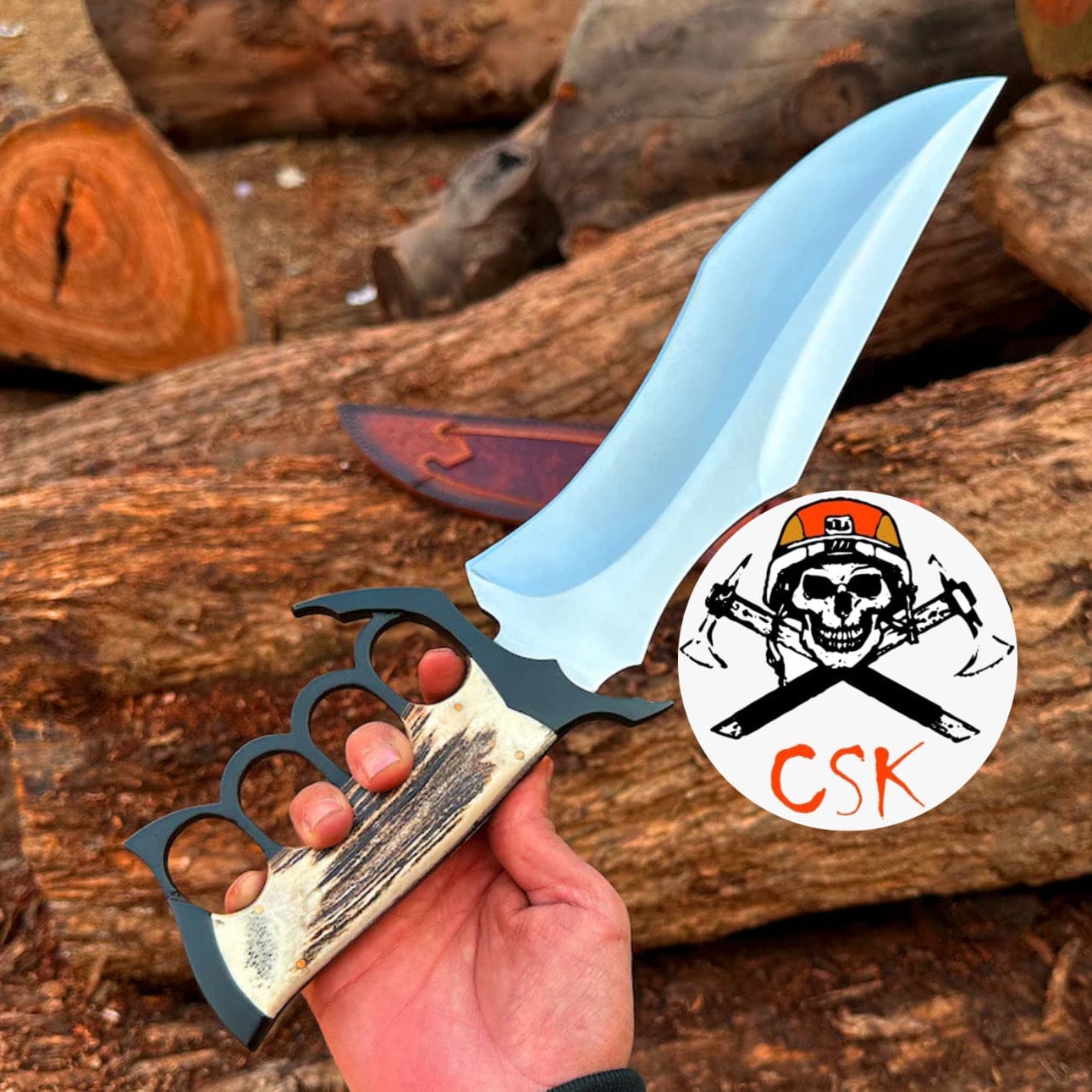 cskforged Knife The Warlord's Claw - Custom Antler Handle Combat Knife with Knuckle Guard