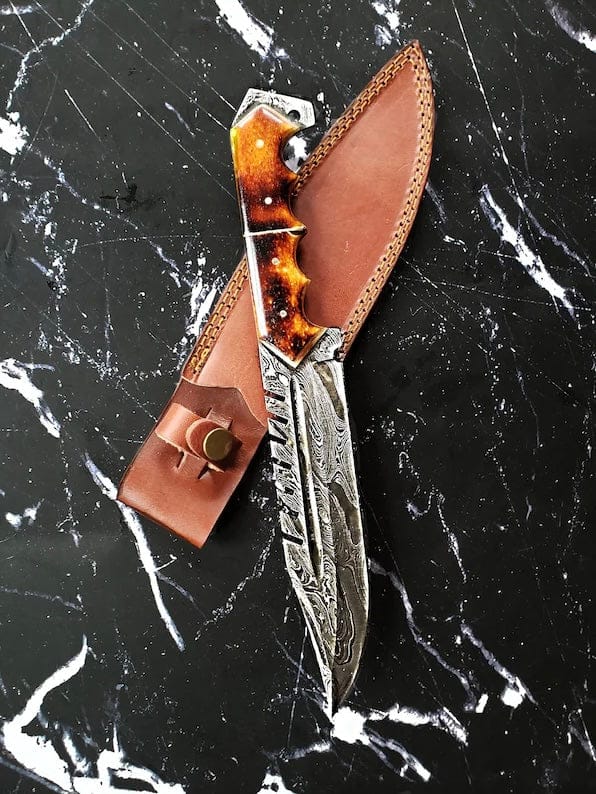 cskforged Knife Titan Predator BX- Damascus Steel blade with serrated back/ Torched Bone Handle