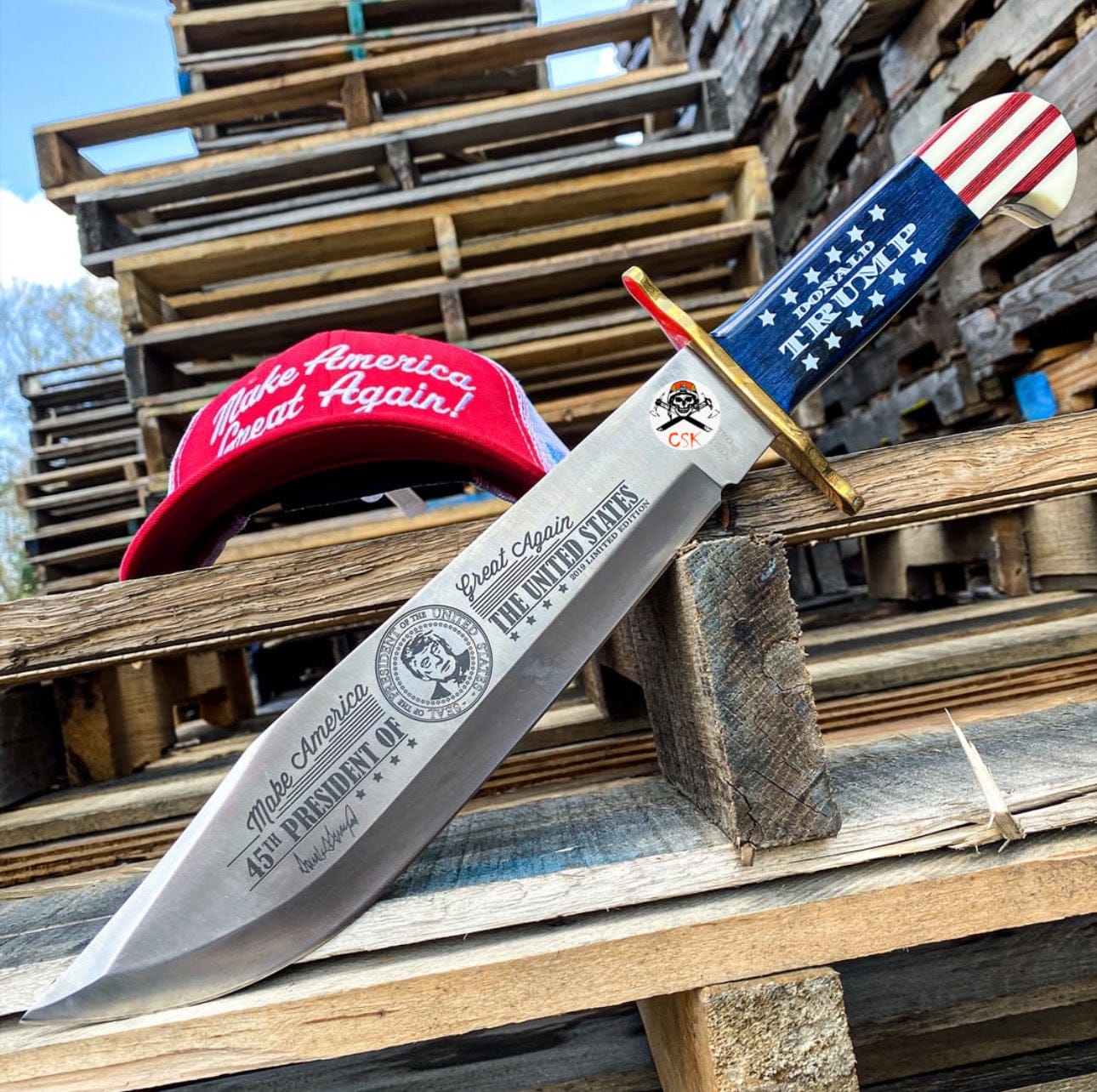 cskforged Knife Trump Knife And Sheath - Stainless Steel Blade, Wooden Handle Scales, Brass Guard - Length 16”