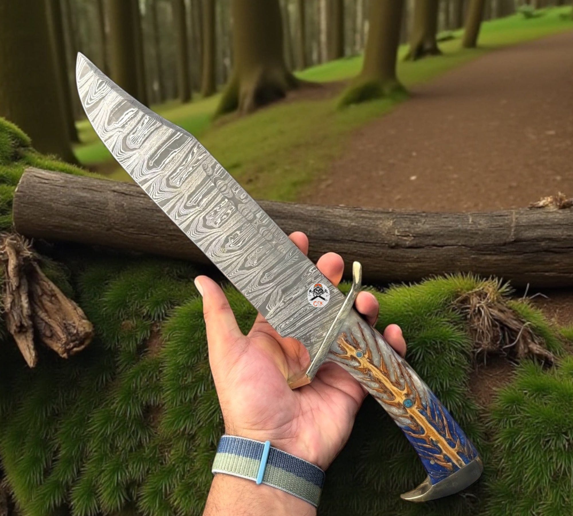 cskforged Knife Western Bowie Knife – 16" Damascus Steel Blade with PineCone Handle