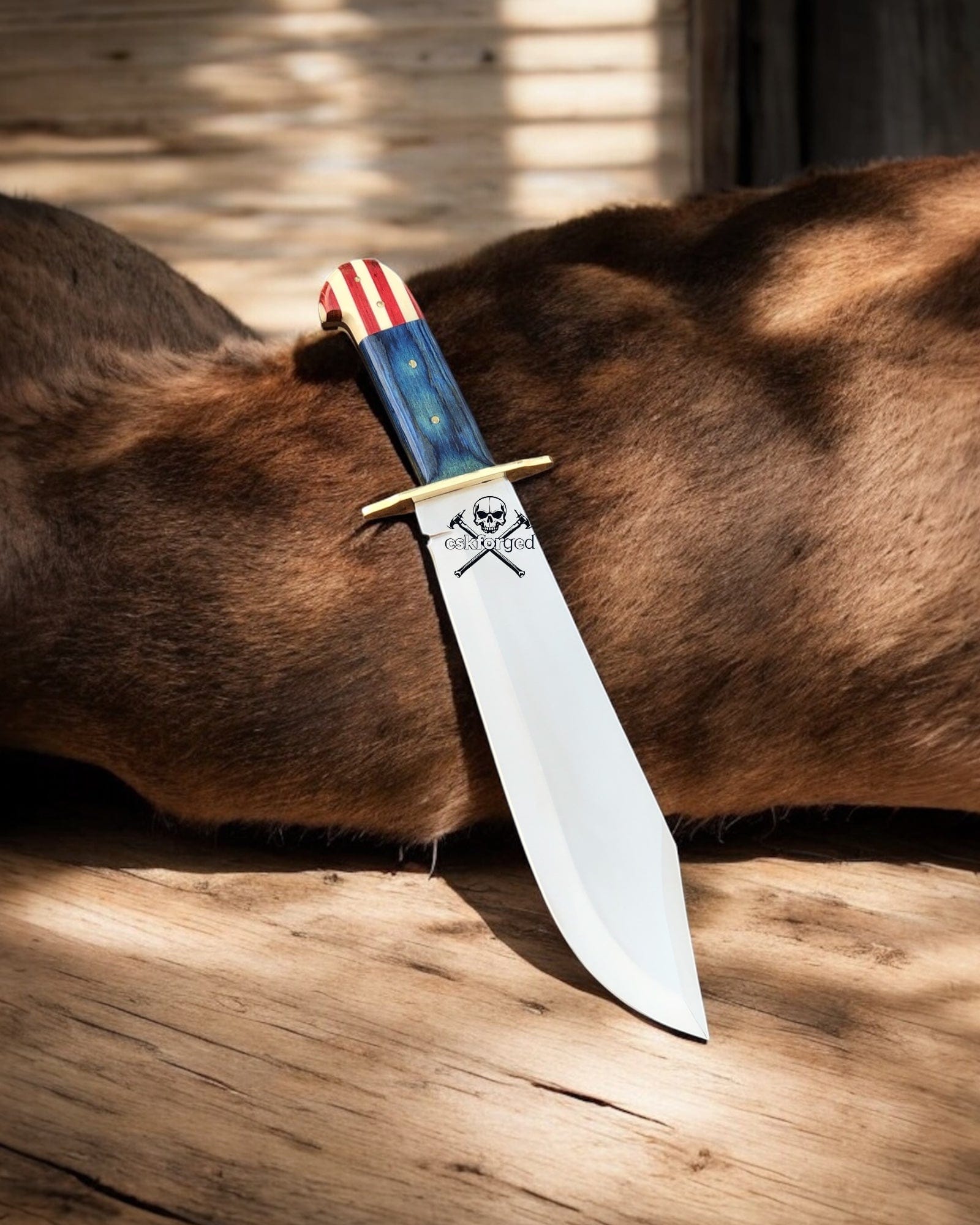 cskforged Knife Western Knife Stainless Steel Blade, Texas Flag Handle,Brass Guard