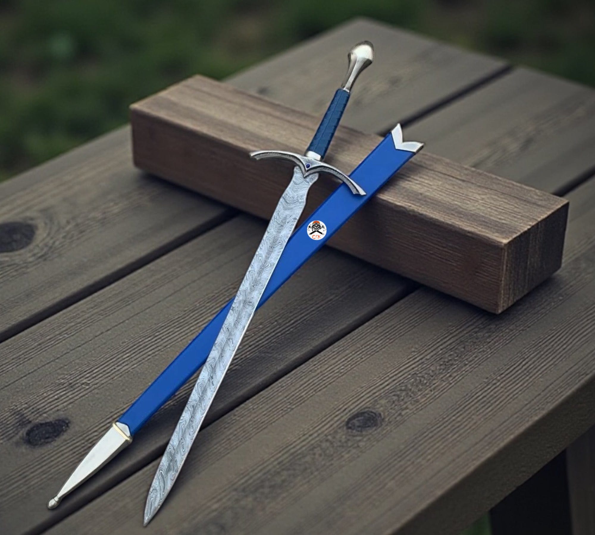cskforged Knight sword Damascus Steel Fantasy Sword – Medieval Replica with Blue Leather Handle & Royal Blue Scabbard