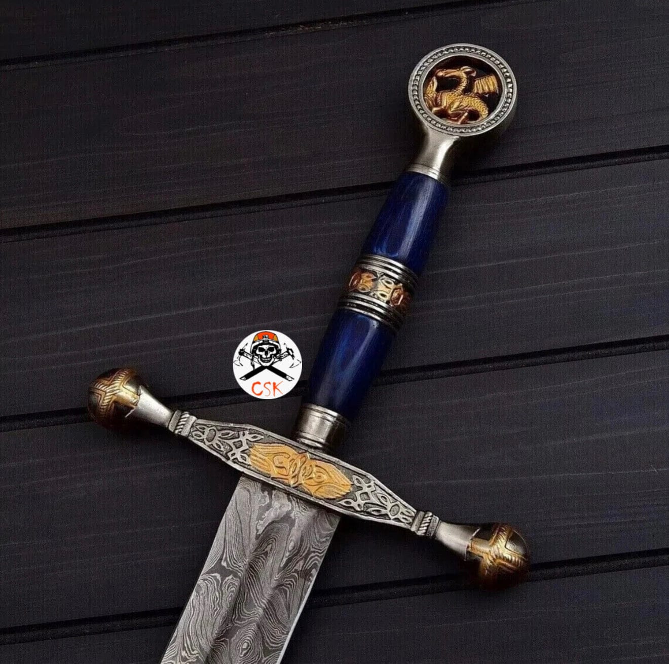 cskforged Knight sword Imperial Griffin Damascus Sword – Royal Blue Handle | Hand-Forged Fantasy Blade