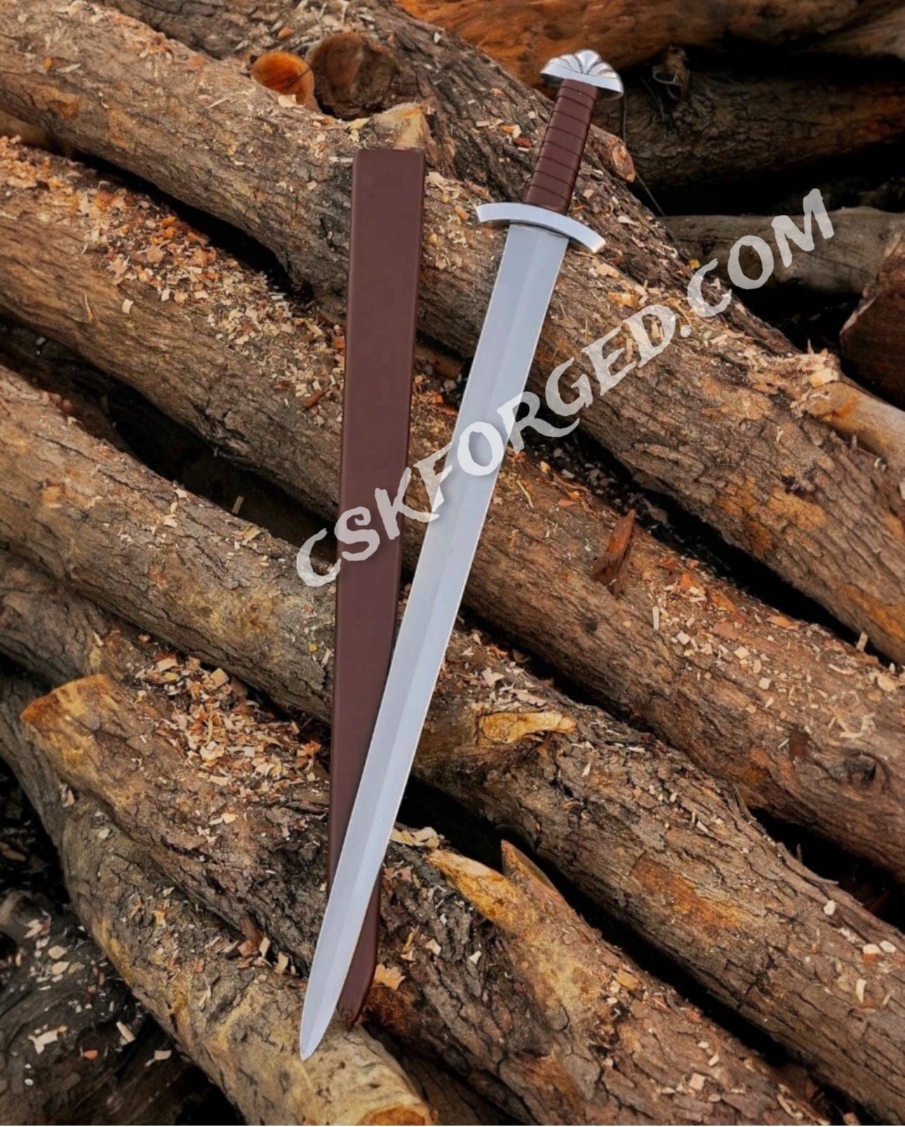 cskforged Knight sword Medieval D2 Tool Steel Viking Sword - Custom Northmen Design with Leather-Wrapped Wooden Scabbard