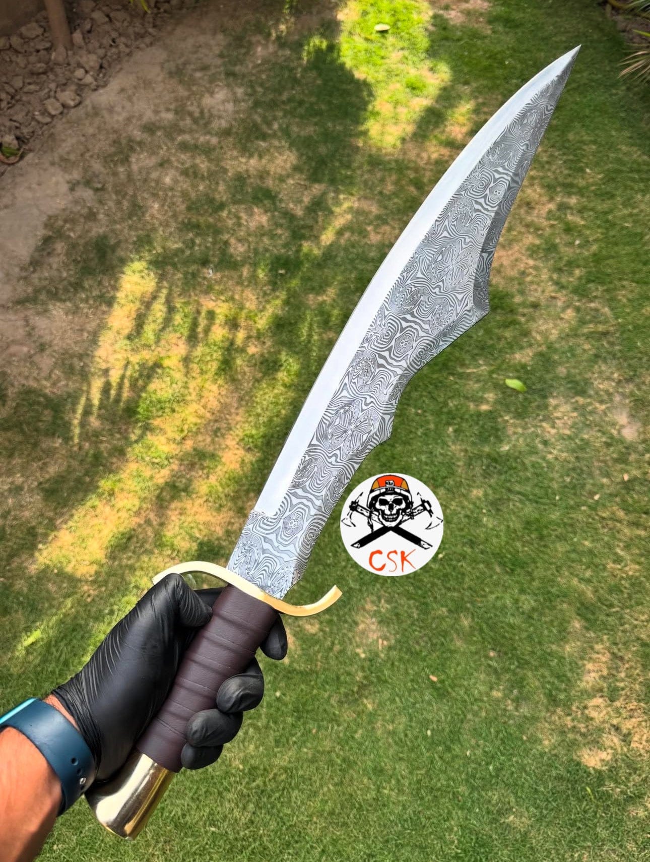 cskforged Knight sword Spartan style sword with a leather-wrapped handle,Brass guard and pommel,Ornate patterned Blade