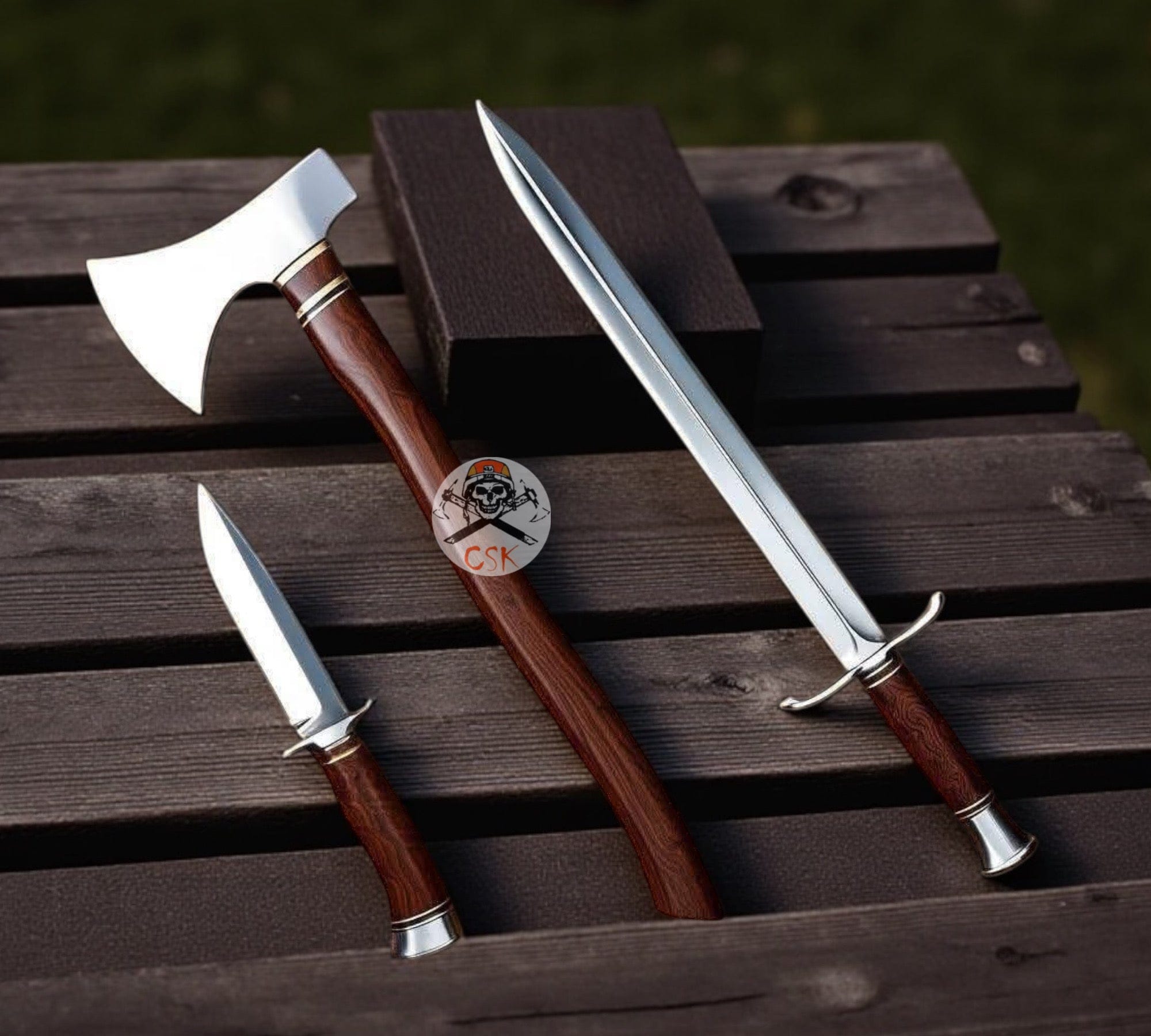 cskforged Knight sword Valorian Tri-Blade Legacy Set – D2 Steel & Rosewood Collection