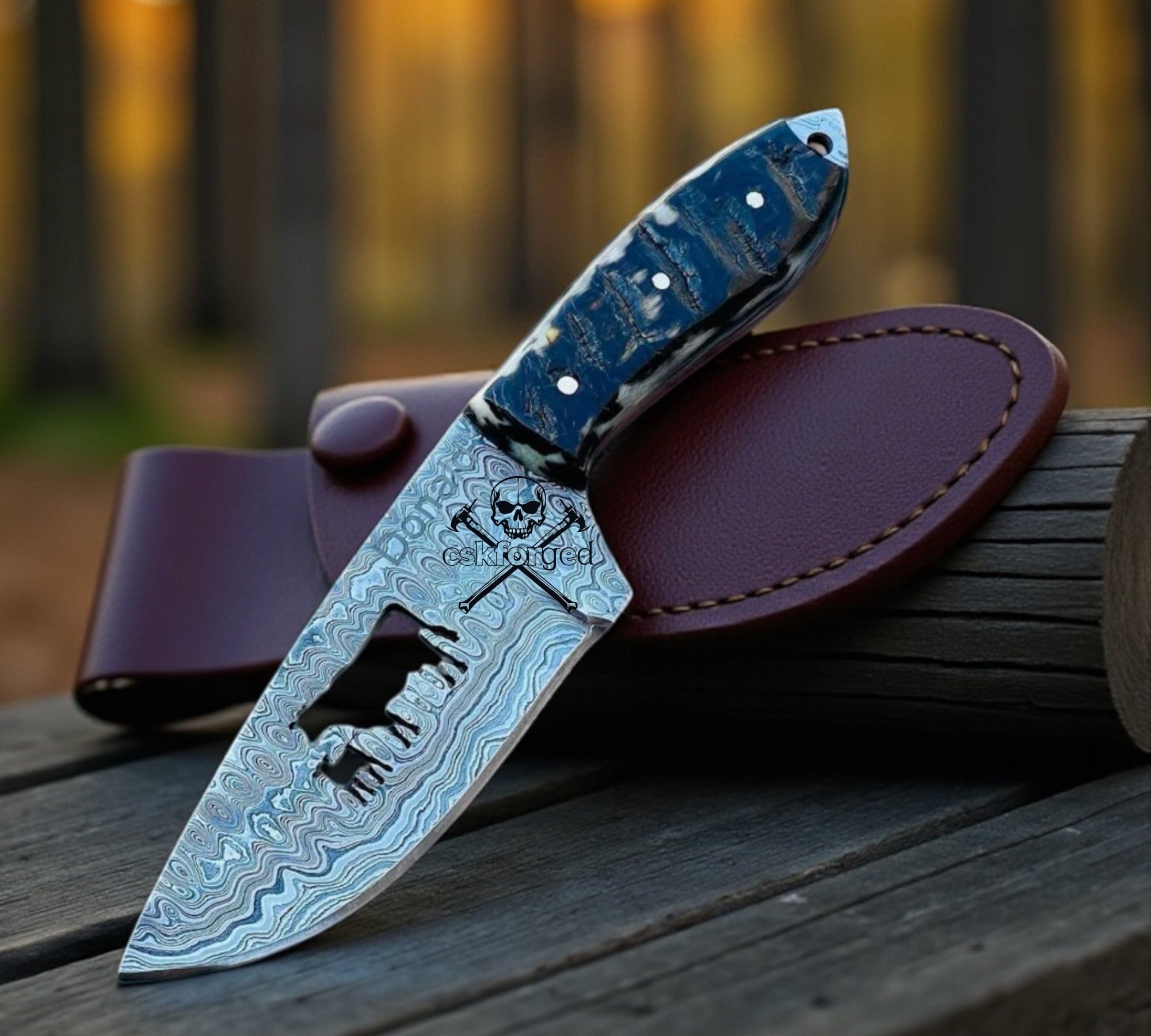 cskforged LimitedRelease Hand-Forged Damascus Steel Hunting Knife 8.5” | Ram Handle & Cow Wire Cut Blade – Premium CSKFORGED Knife