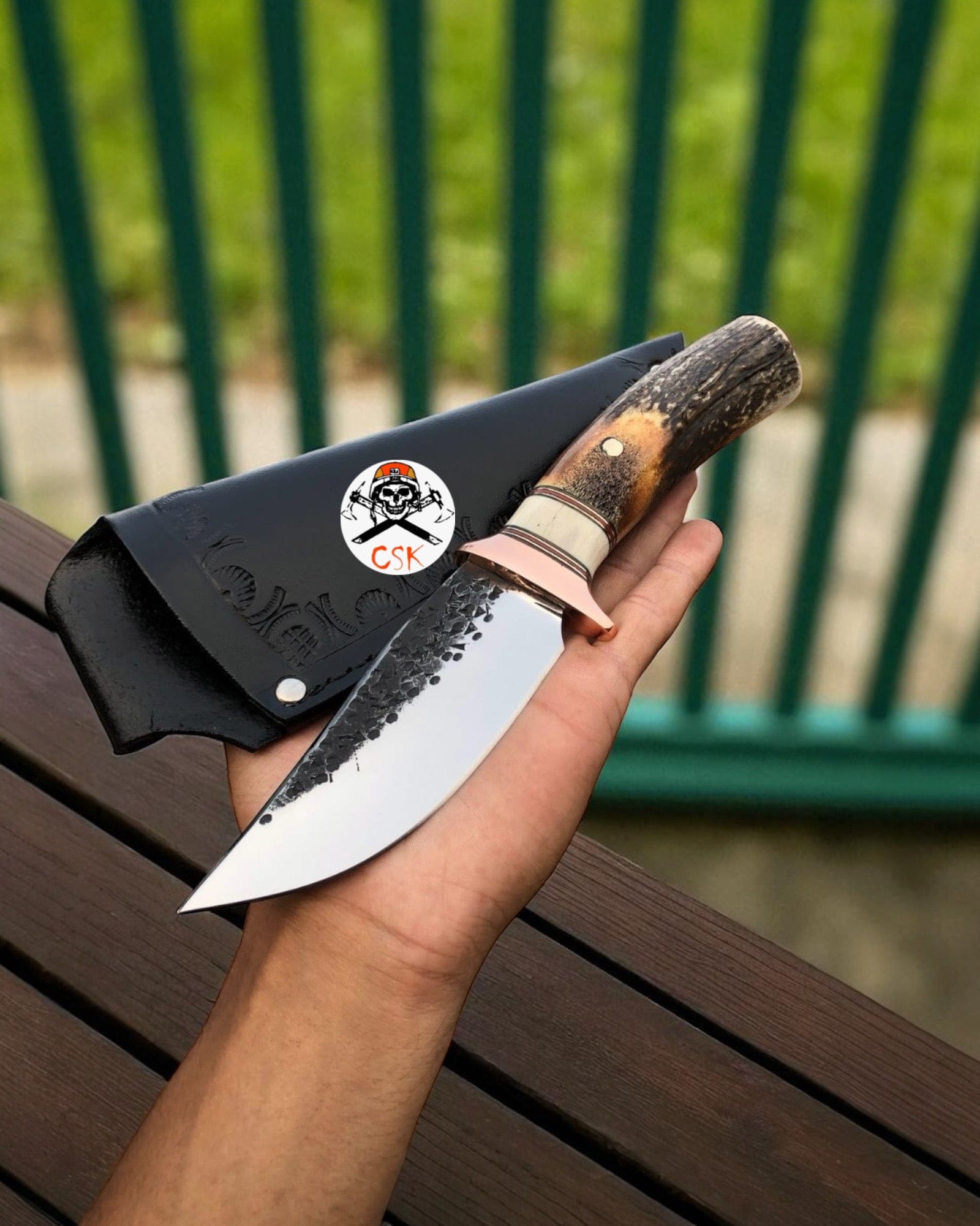 cskforged LimitedRelease Hand-Forged Hunting Knife–Antler Handle High Carbon Steel Blade & Leather Sheath