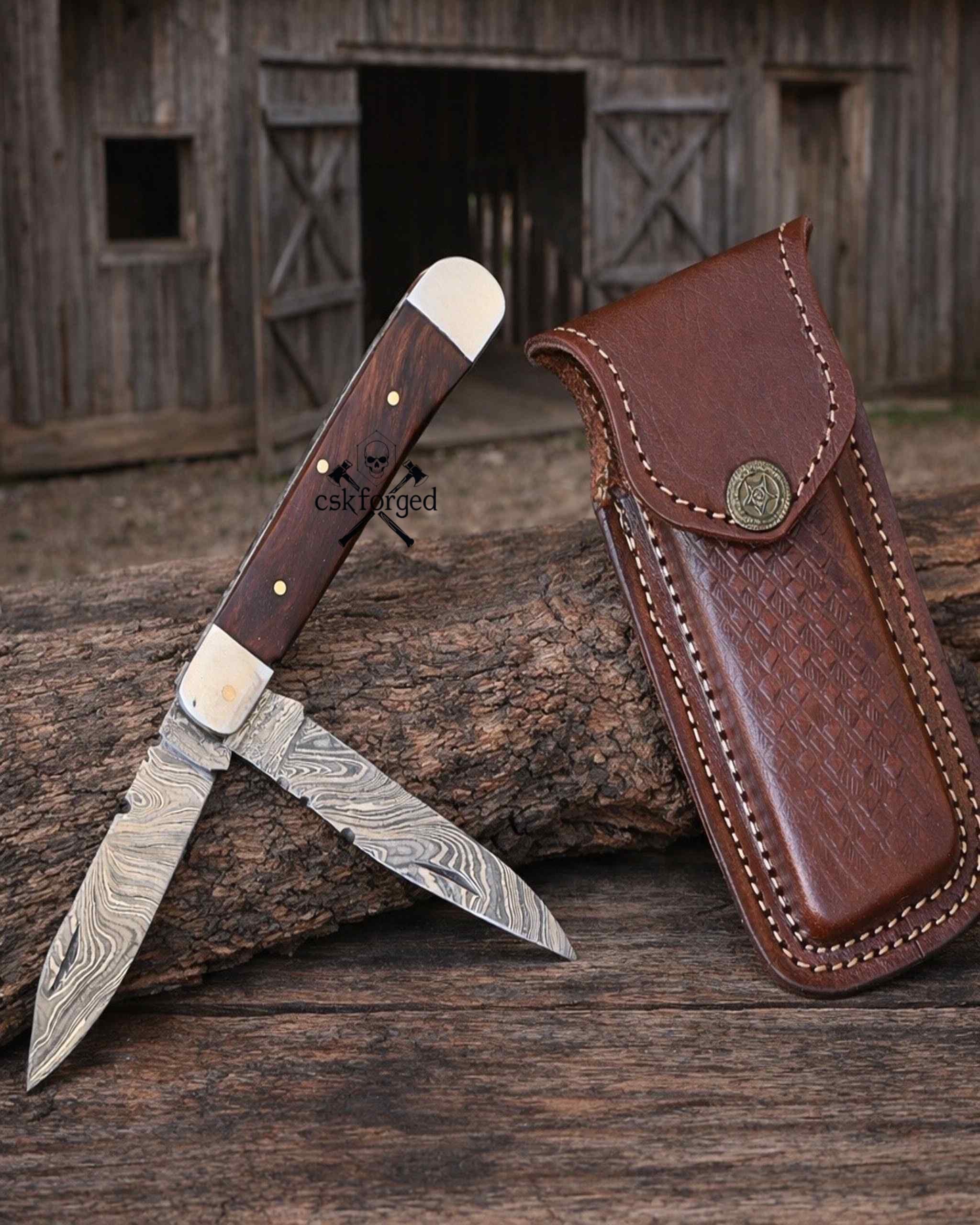 cskforged Pocket knife Cowboy Folding Knife – Damascus Steel Trapper Pocket Knife Rosewood