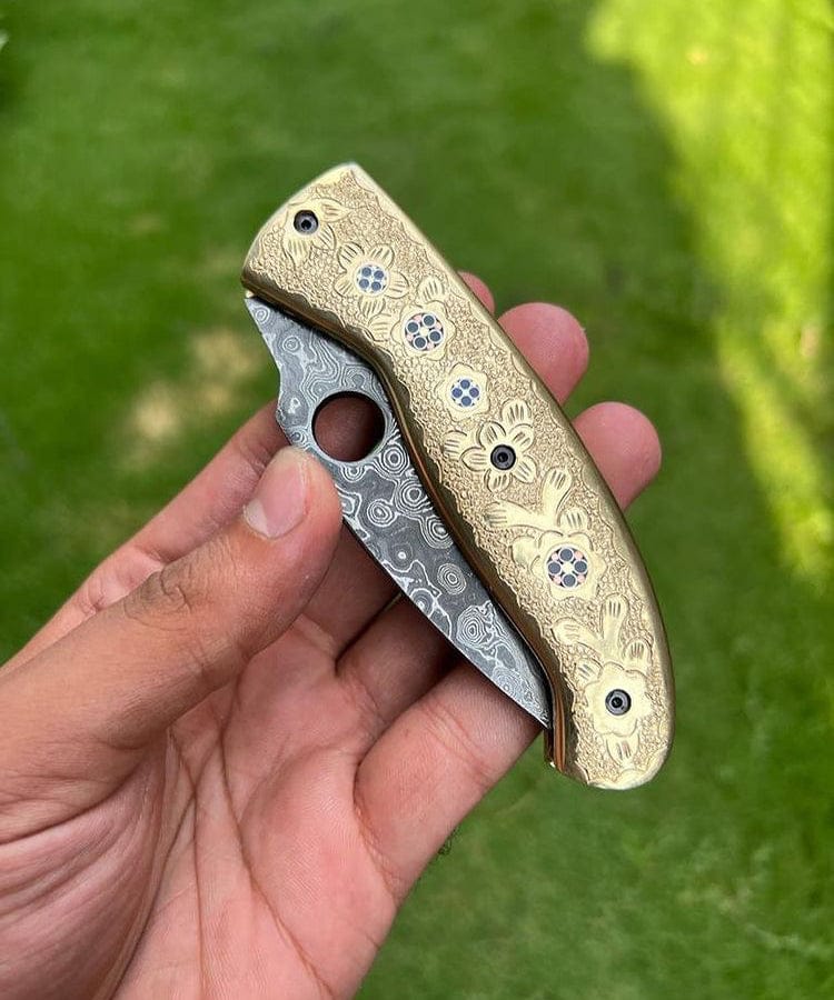cskforged Pocket knife DAMASCUS STEEL FOLDING POCKET KNIFE WITH ENGRAVED BRASS HANDLE 8" CUSTOM KNIVES