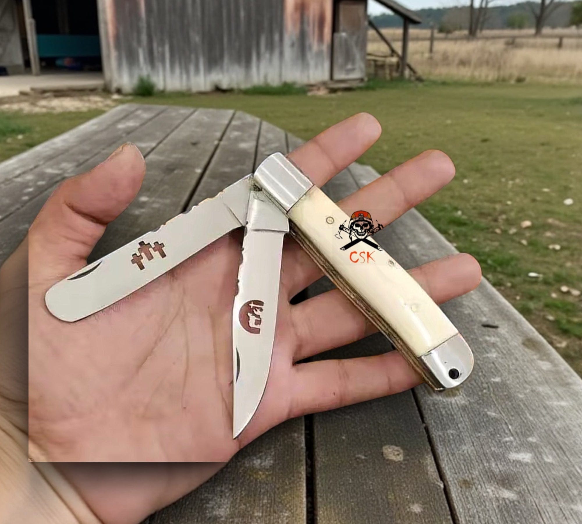 cskforged Pocket knife Traditional Cowboy Trapper Pocket Knife - 3.5” Folding Blade with Bone Handle