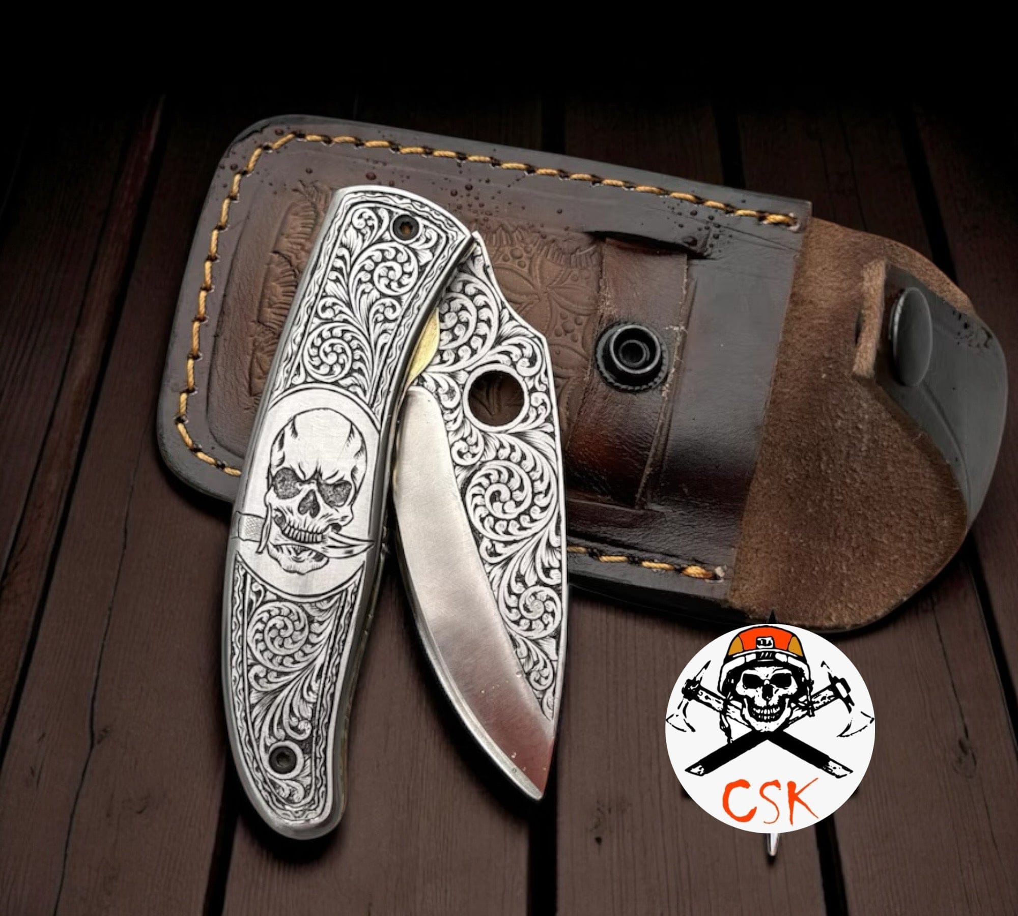 cskforged SkullGuard Engraved Pocket Knife With Sheath