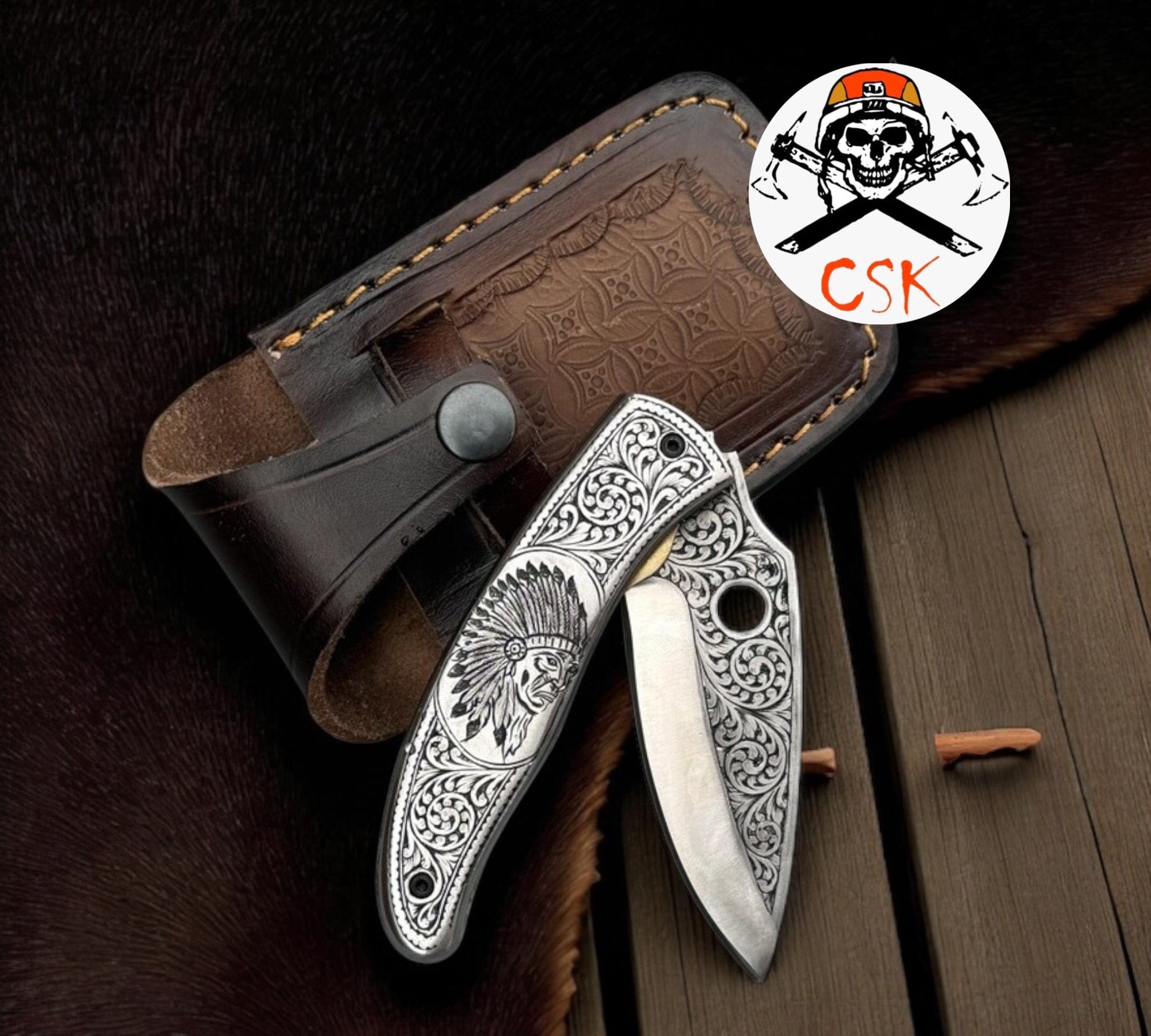 cskforged Tribal Guardian Engraved Folding Pocket Knife