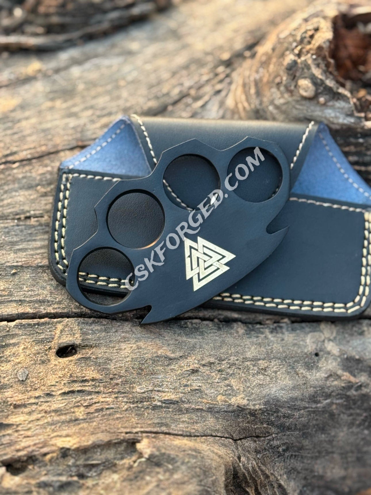 cskforged Viking-Inspired Black Powder-Coated Brass Knuckles with Valknut Design