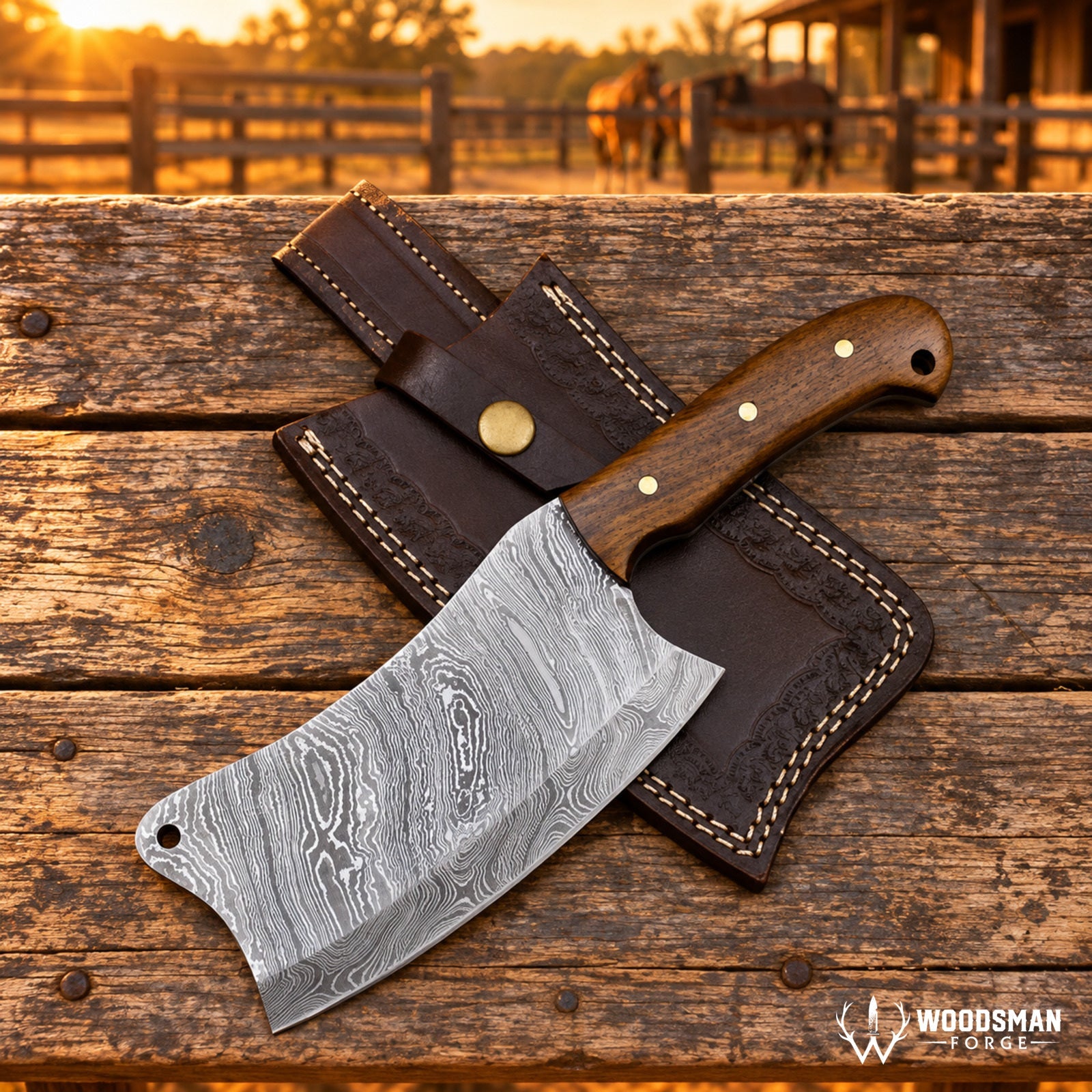 Ashencrest Forgevei Handmade Damascus Cleaver Knife – Walnut Wood Handle  Copy Title