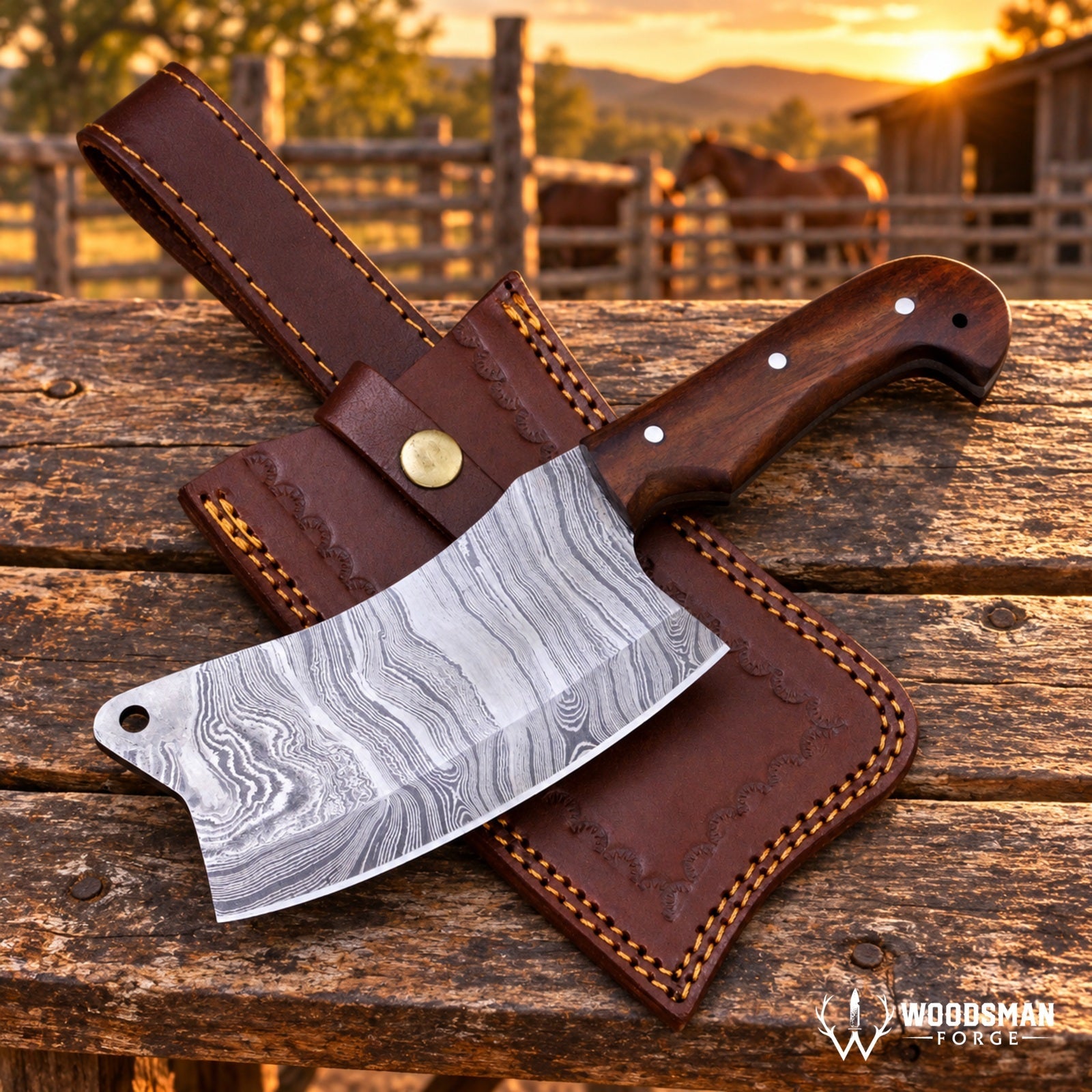 Timberveil Hearthcres Handmade Damascus Kitchen Cleaver – Densified Wood Handle