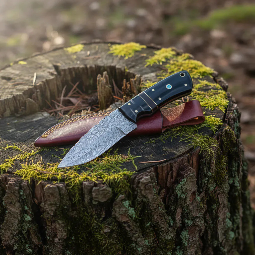 MALIKA KNIVES simple Damascus Hunting Knife Bull Horn Handle Compact