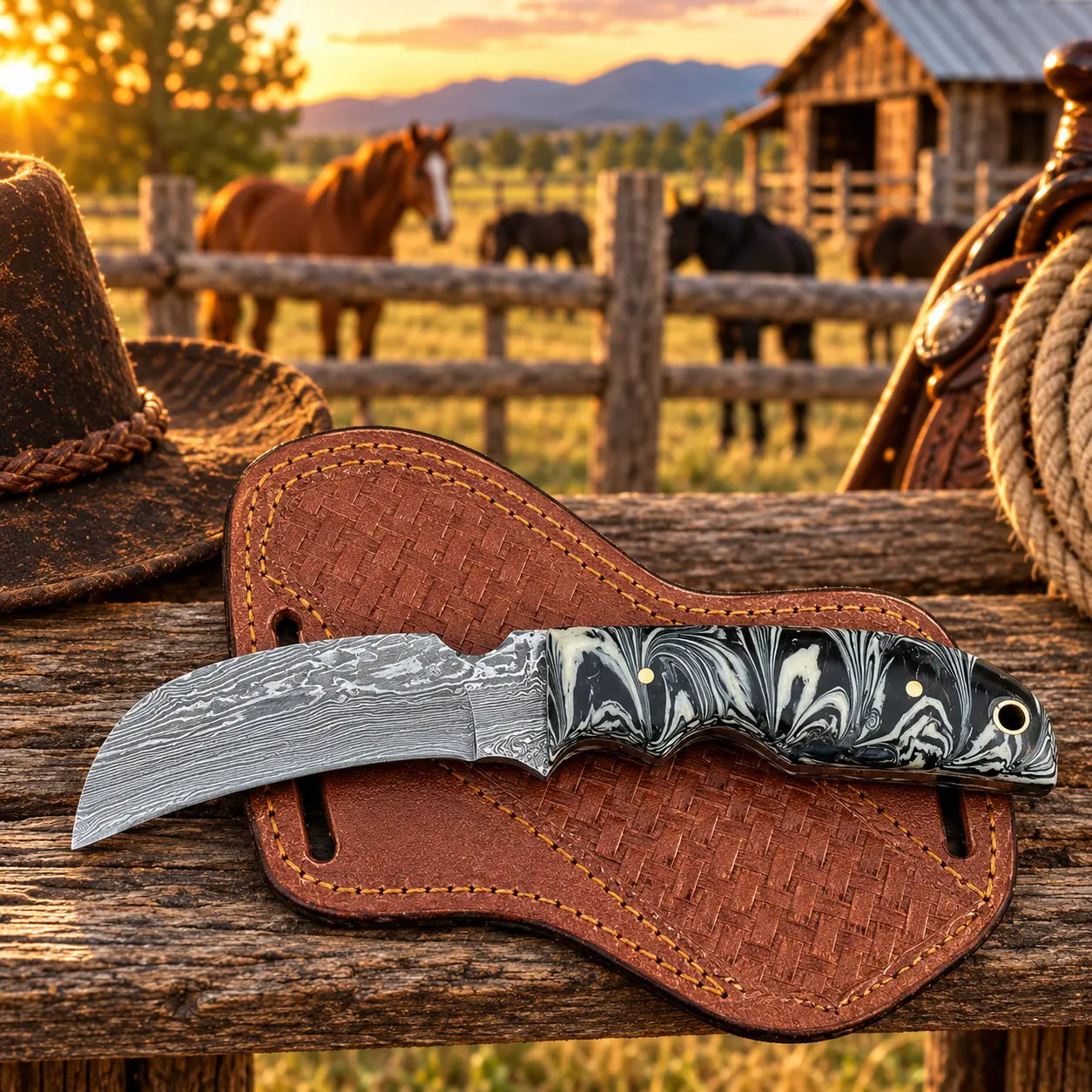 Embercrest Damascus Hawkbill Knife – Damascus Steel, Resin Handle & Leather Sheath