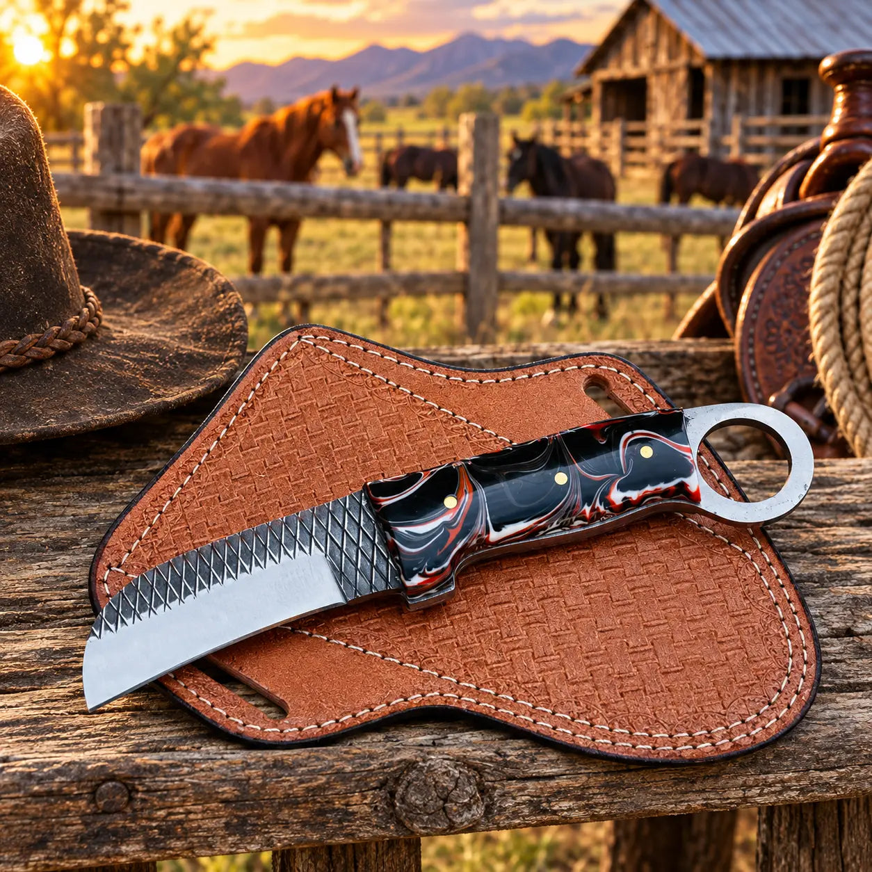 Emberhook Rasp Steel Hawkbill Knife – Resin Handle & Leather Sheath