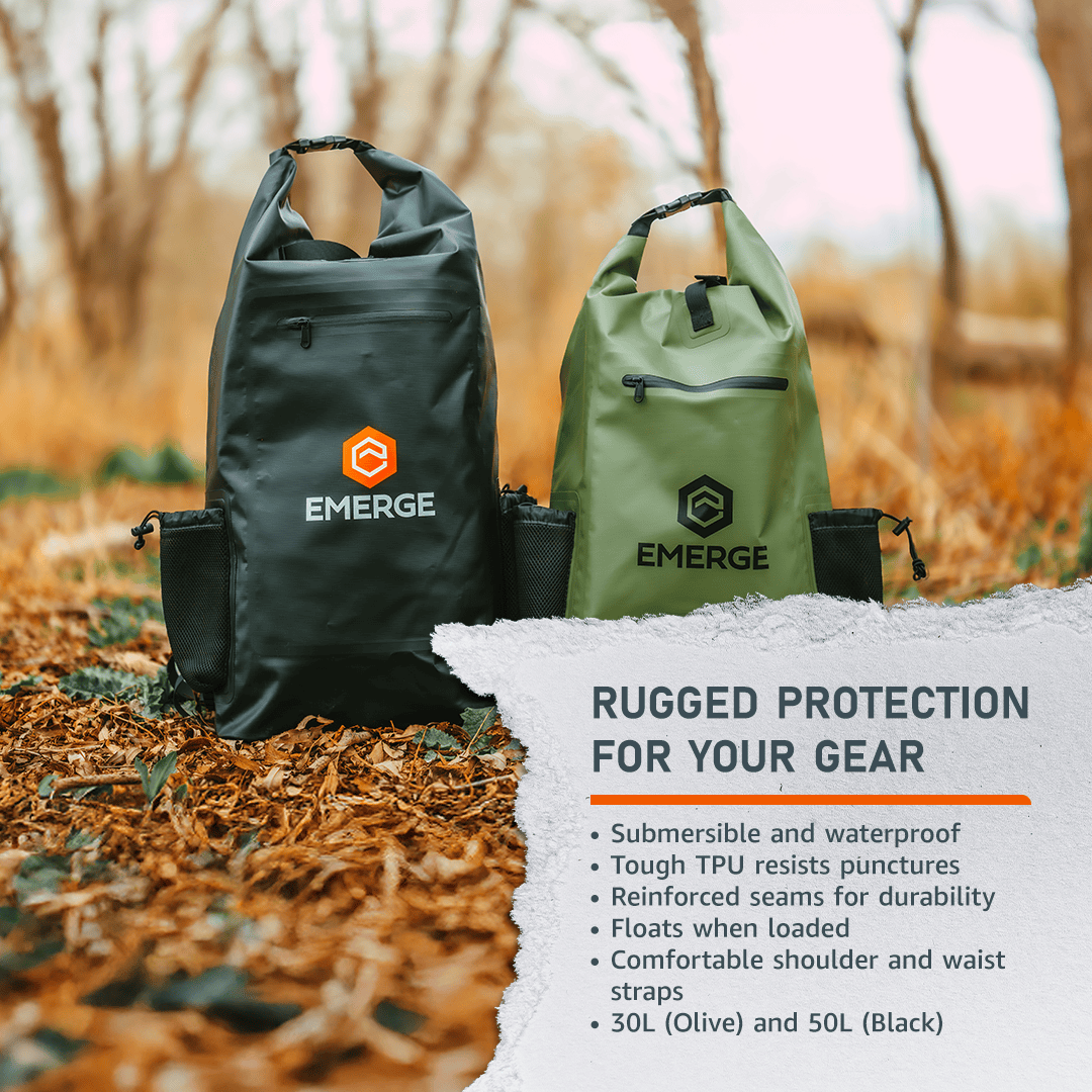 Emerge Survival Dry Bags 50L Heavy Duty Dry Bag w/ Straps - Black