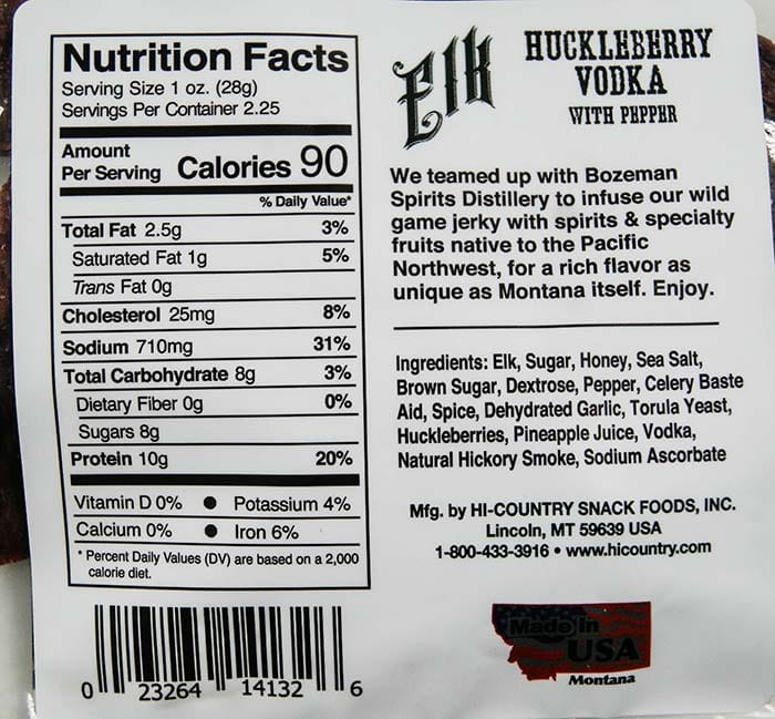 Hi-Country Snack Foods Inc. Elk Jerky 2.25 oz. Elk Huckleberry Vodka with Pepper Jerky