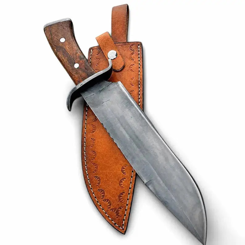 Hand Forged Bowie Hunting Knife with Wooden Handle & Leather Sheath