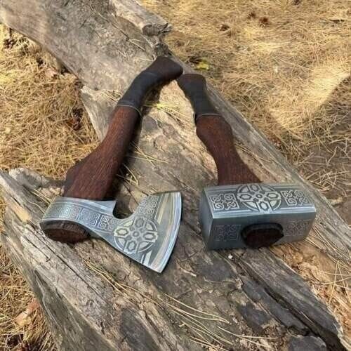 KBS Knives Store Axe Battle Axe Set: Tomahawk and Hammer with Custom Handmade Forged Engraved 1095 Steel Blade – Warrior's Duo