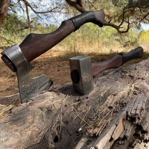 KBS Knives Store Axe Battle Axe Set: Tomahawk and Hammer with Custom Handmade Forged Engraved 1095 Steel Blade – Warrior's Duo