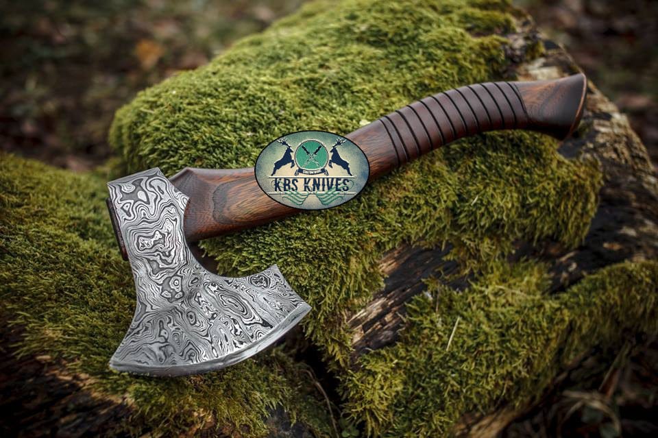 KBS Knives Store Axe Custom Hammered Damascus Steel Viking Tomahawk