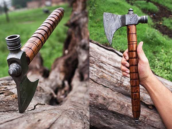 KBS Knives Store Axe Custom Handmade Damascus Steel Pipe Tomahawk – Rosewood Handle with Smoke Pipe