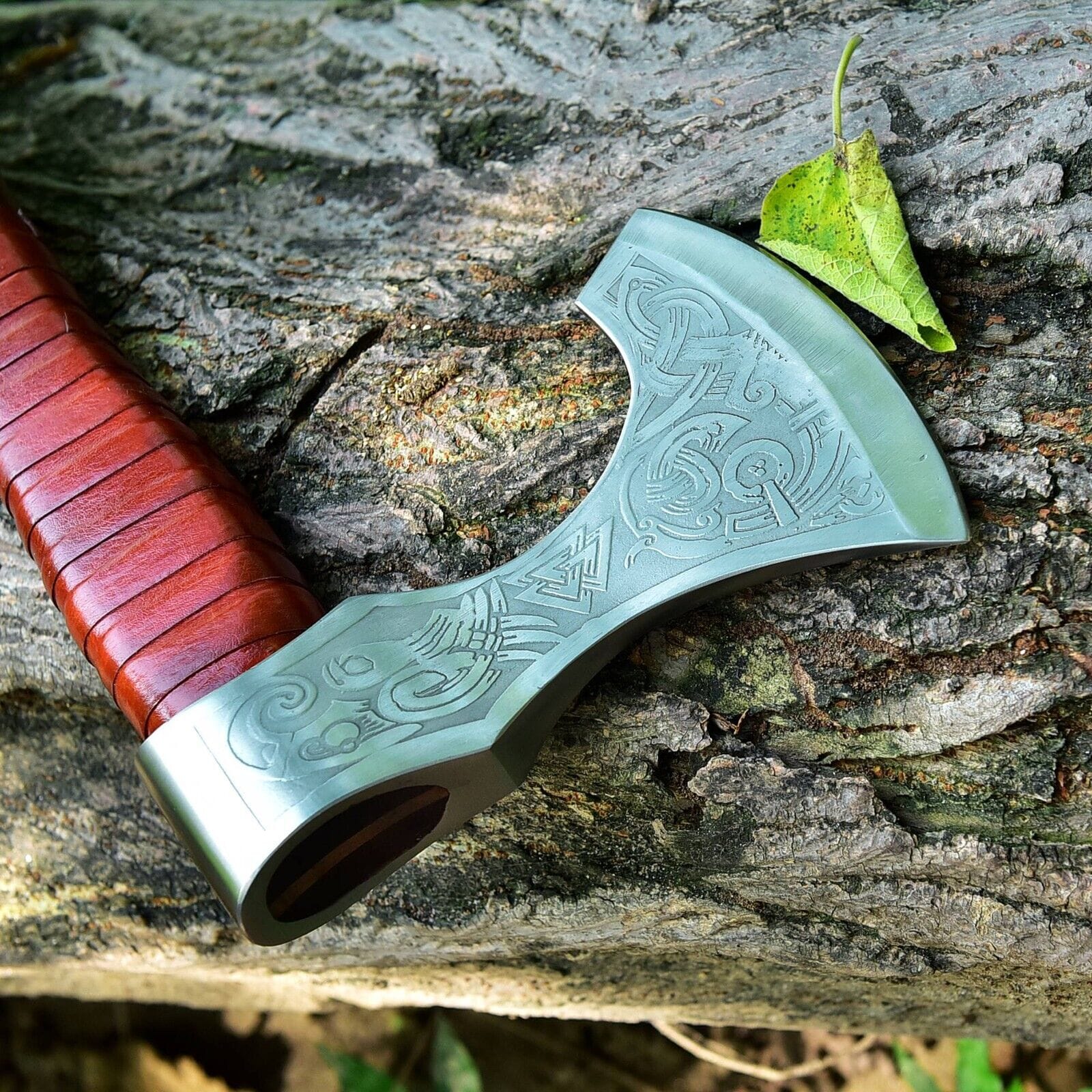 KBS Knives Store Axe Custom Handmade Hand Engraved High Carbon Steel Viking Tomahawk Axe with Rosewood Handle and Leather Wrap by KBS Knives Store