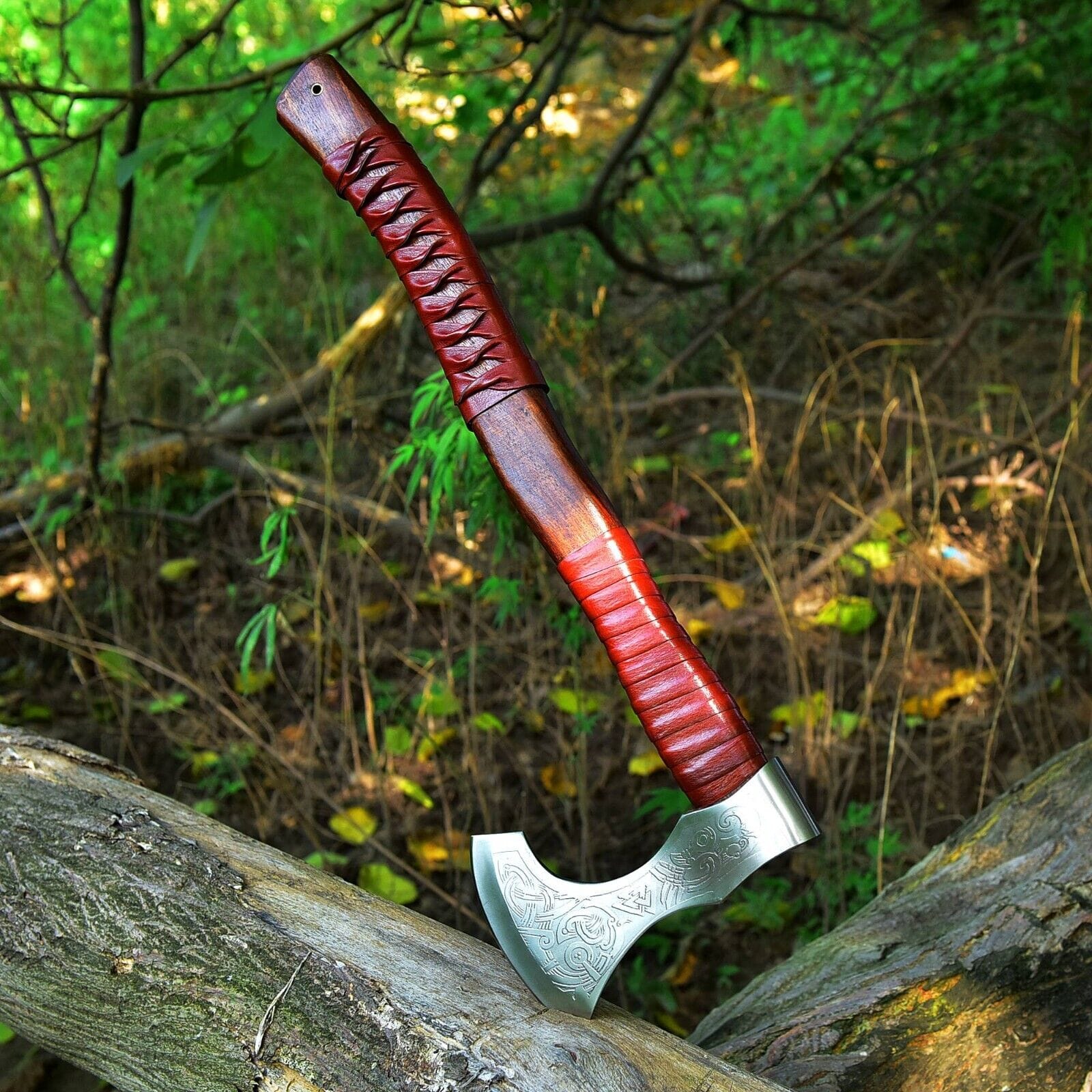 KBS Knives Store Axe Custom Handmade Hand Engraved High Carbon Steel Viking Tomahawk Axe with Rosewood Handle and Leather Wrap by KBS Knives Store