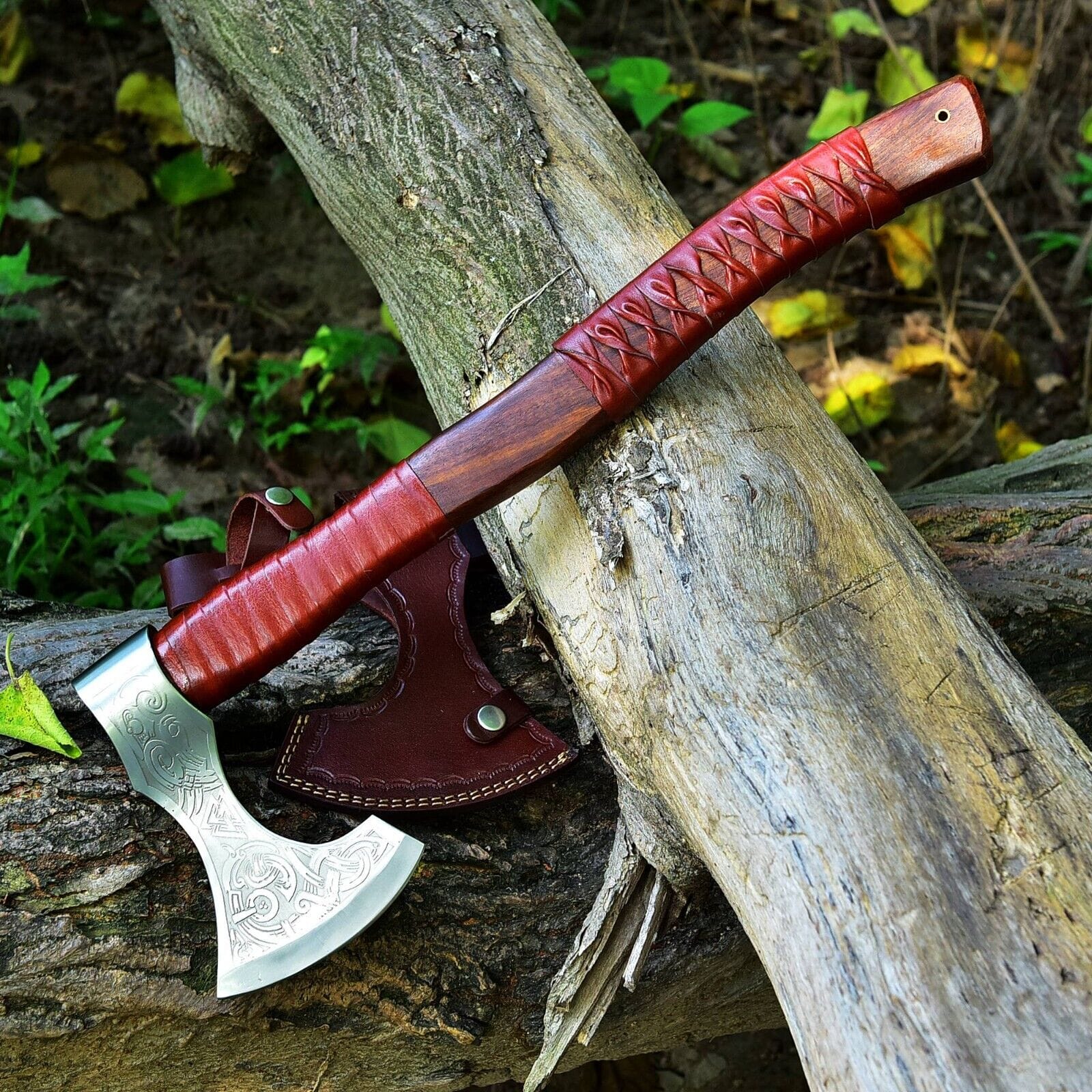 KBS Knives Store Axe Custom Handmade Hand Engraved High Carbon Steel Viking Tomahawk Axe with Rosewood Handle and Leather Wrap by KBS Knives Store