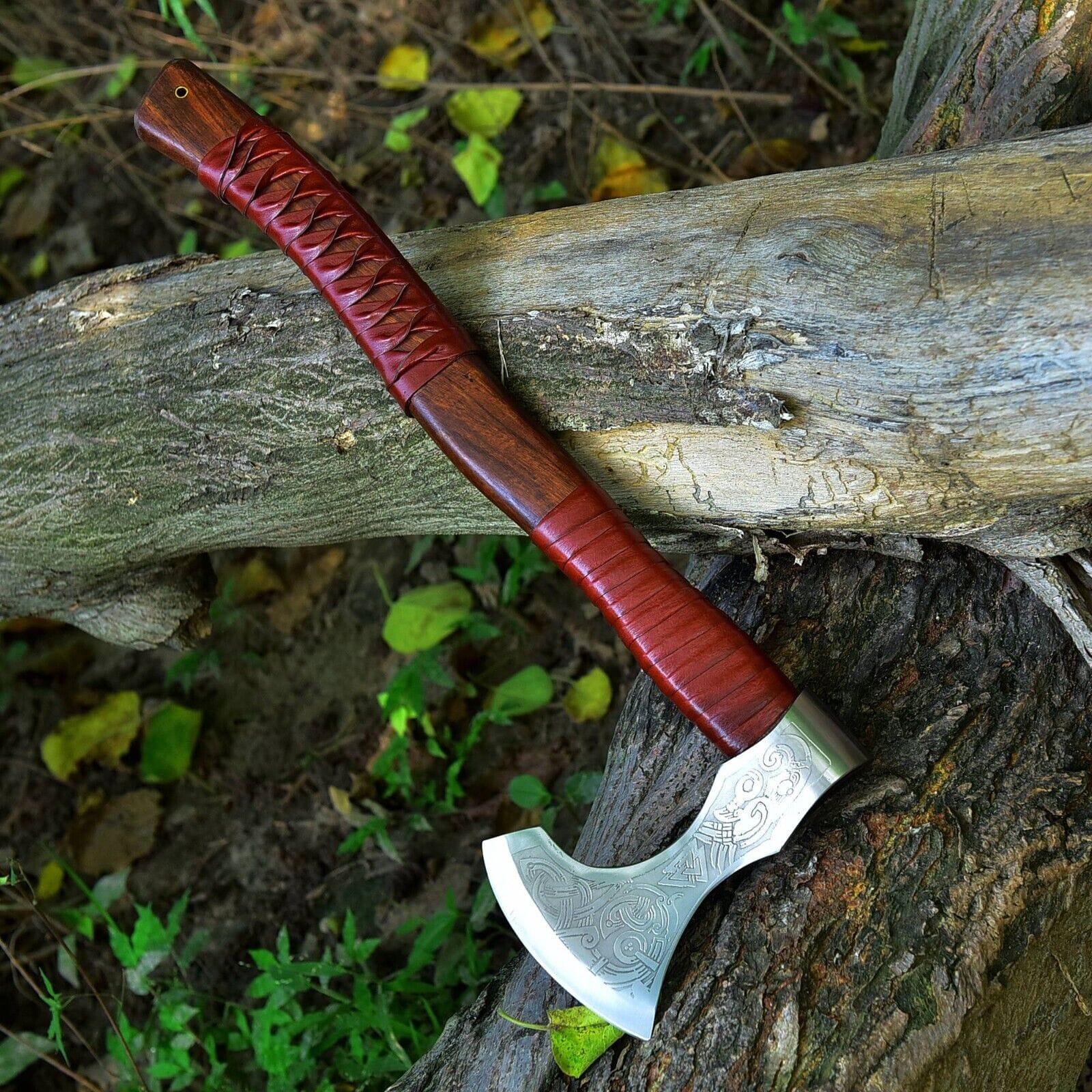 KBS Knives Store Axe Custom Handmade Hand Engraved High Carbon Steel Viking Tomahawk Axe with Rosewood Handle and Leather Wrap by KBS Knives Store