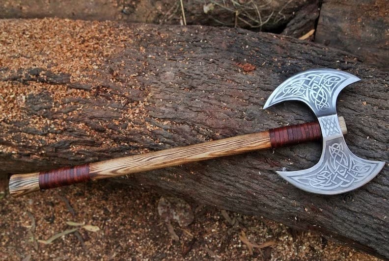 KBS Knives Store Axe "Custom Handmade High Carbon Engraved Double Head Viking Axe | Ash Wood Handle | Leather Sheath | KBS Knives Store"