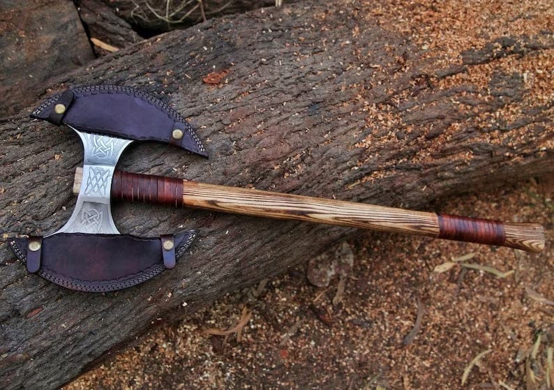 KBS Knives Store Axe "Custom Handmade High Carbon Engraved Double Head Viking Axe | Ash Wood Handle | Leather Sheath | KBS Knives Store"