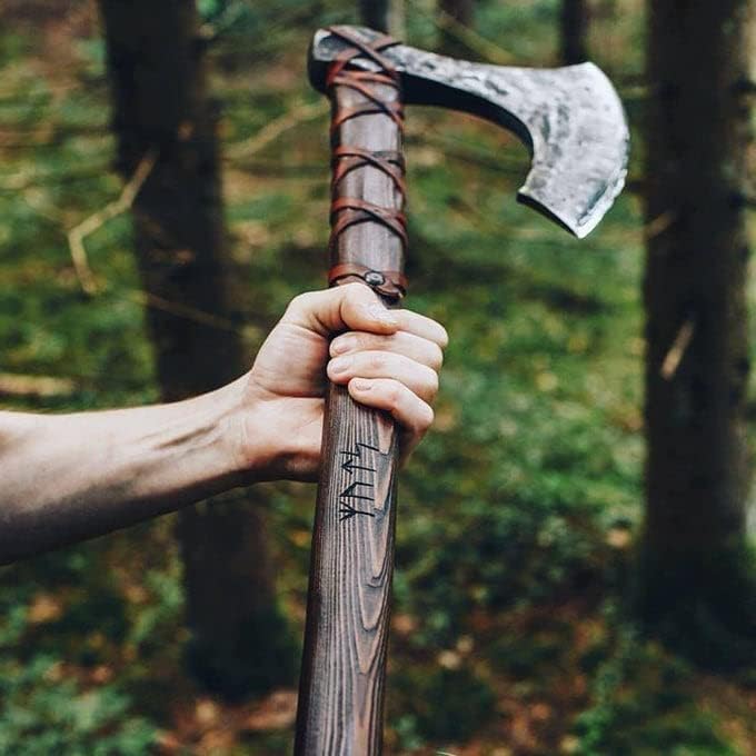 KBS Knives Store Axe Custom Handmade Viking Battle Axe with Forged 1095 Steel Blade and Rosewood Leather-Wrapped Handle – KBS Knives Store