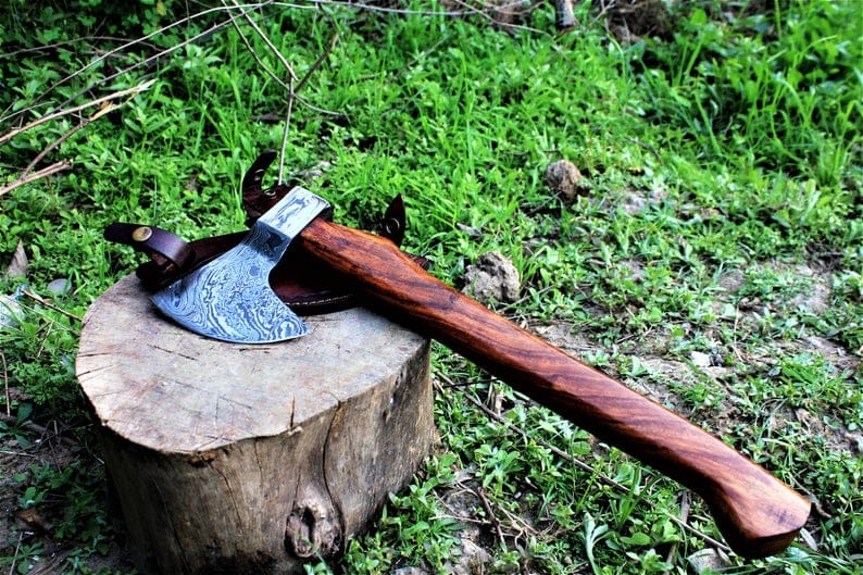 KBS Knives Store Axe Damascus Steel Custom Viking Beard Axe with Rosewood Handle and Leather Sheath by KBS Knives Store.