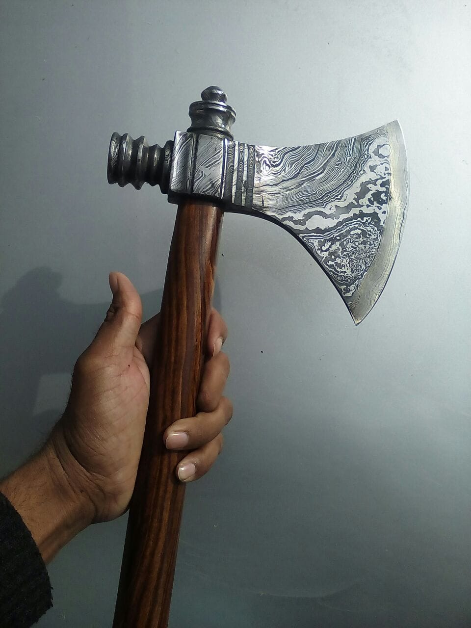 KBS Knives Store Axe Damascus Steel Handmade Custom Viking Smoke Pine Tomahawk Axe with Rosewood Handle and Leather Sheath - By KBS Knives Store
