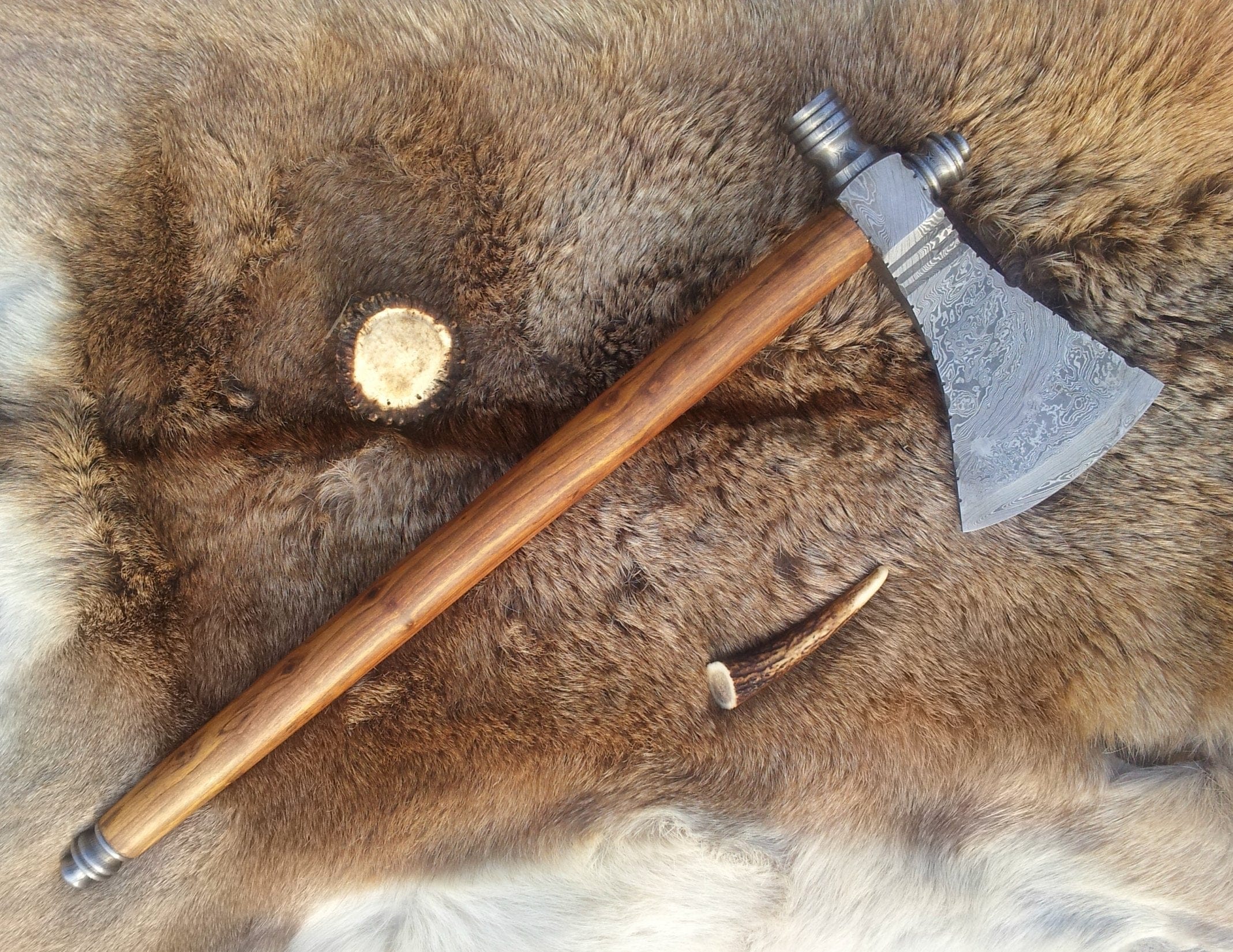 KBS Knives Store Axe Damascus Steel Handmade Custom Viking Smoke Pine Tomahawk Axe with Rosewood Handle and Leather Sheath - By KBS Knives Store