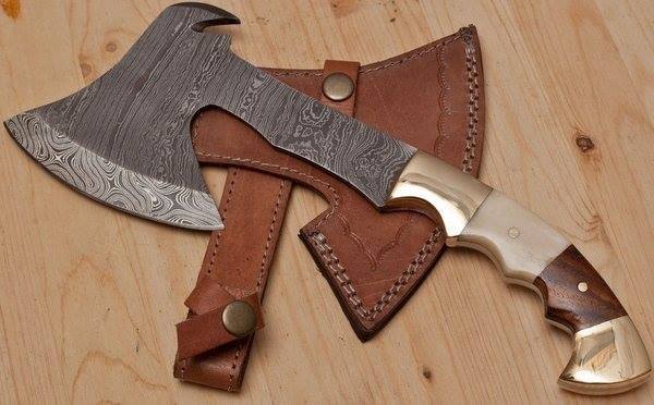 KBS Knives Store Axe "Full Tang Damascus Steel Handmade Custom Viking EDC Tomahawk Axe with Rosewood, Bone and Brass Bolsters Handle - By KBS Knives Store"