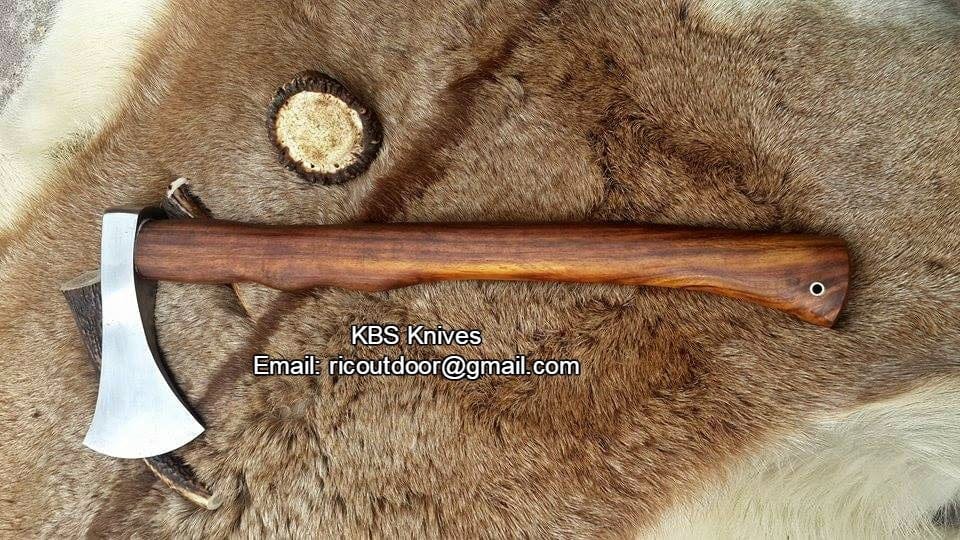 KBS Knives Store Axe Handmade Custom Viking Axe with 1095 High Carbon Steel Blade, Rosewood Handle, and Leather Sheath - KBS Knives Store