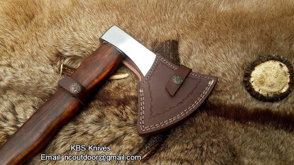 KBS Knives Store Axe Handmade Custom Viking Axe with 1095 High Carbon Steel Blade, Rosewood Handle, and Leather Sheath - KBS Knives Store