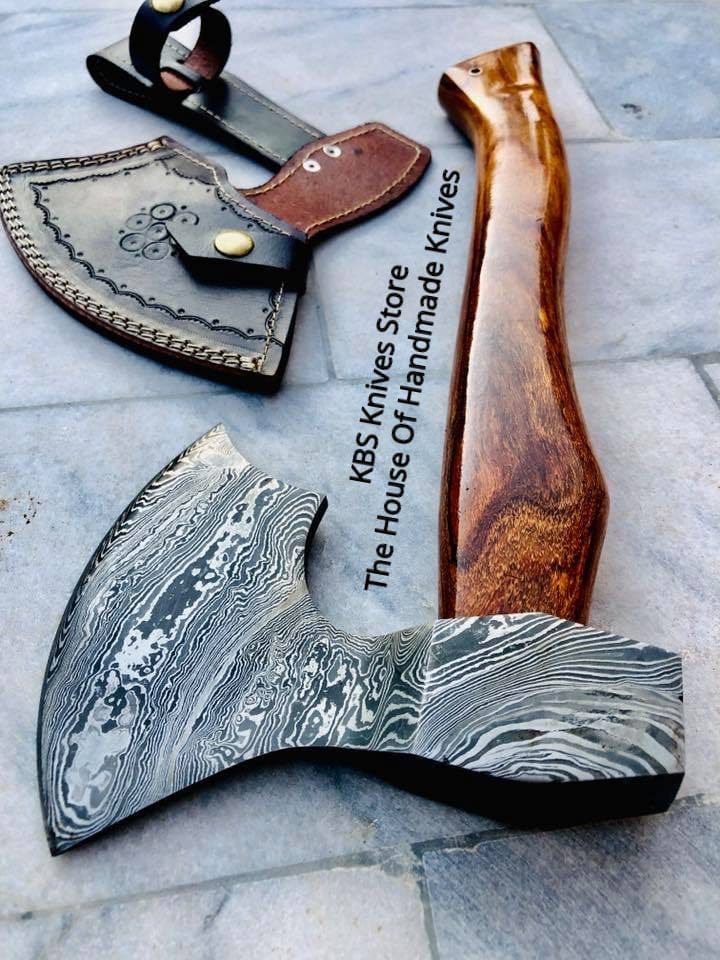 KBS Knives Store Axe Handmade Custom Viking Axe with Damascus Steel Blade and Rosewood Handle, Leather Sheath Included - By KBS Knives Store