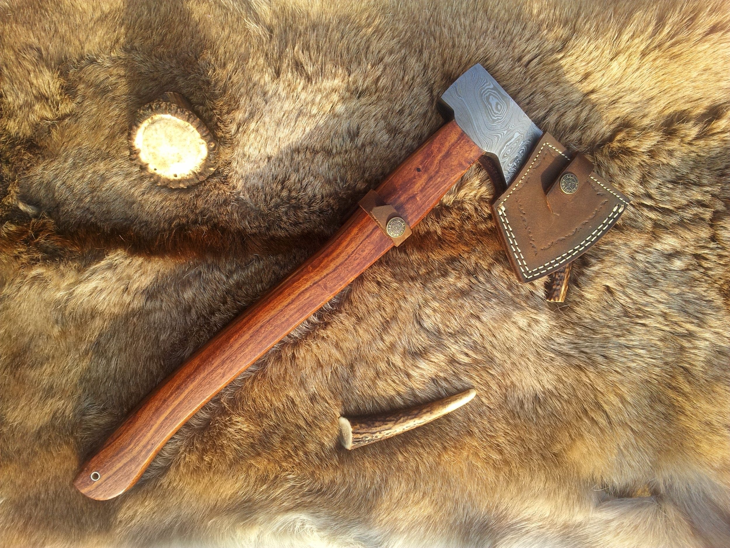 KBS Knives Store Axe Handmade Custom Viking Axe with Damascus Steel Blade, Rosewood Handle, and Leather Sheath - KBS Knives Store