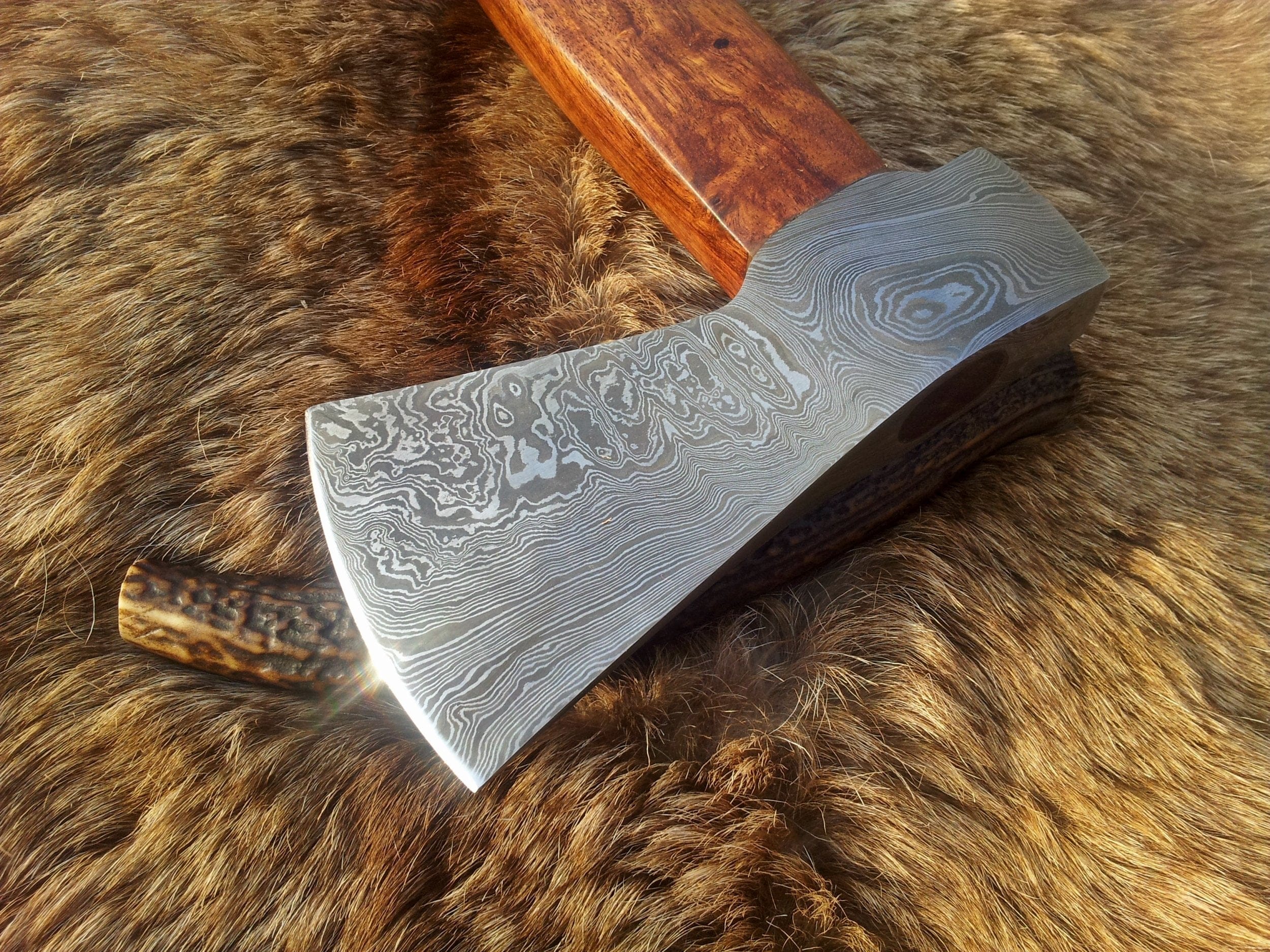 KBS Knives Store Axe Handmade Custom Viking Axe with Damascus Steel Blade, Rosewood Handle, and Leather Sheath - KBS Knives Store