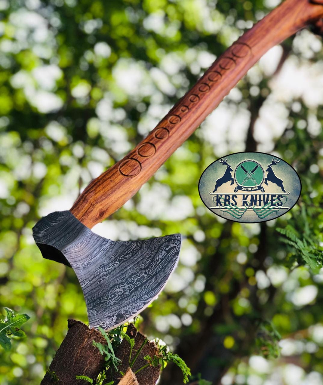 KBS Knives Store Axe Handmade Damascus Steel Viking Beard Axe with Hand-Carved Rosewood Handle and Leather Sheath