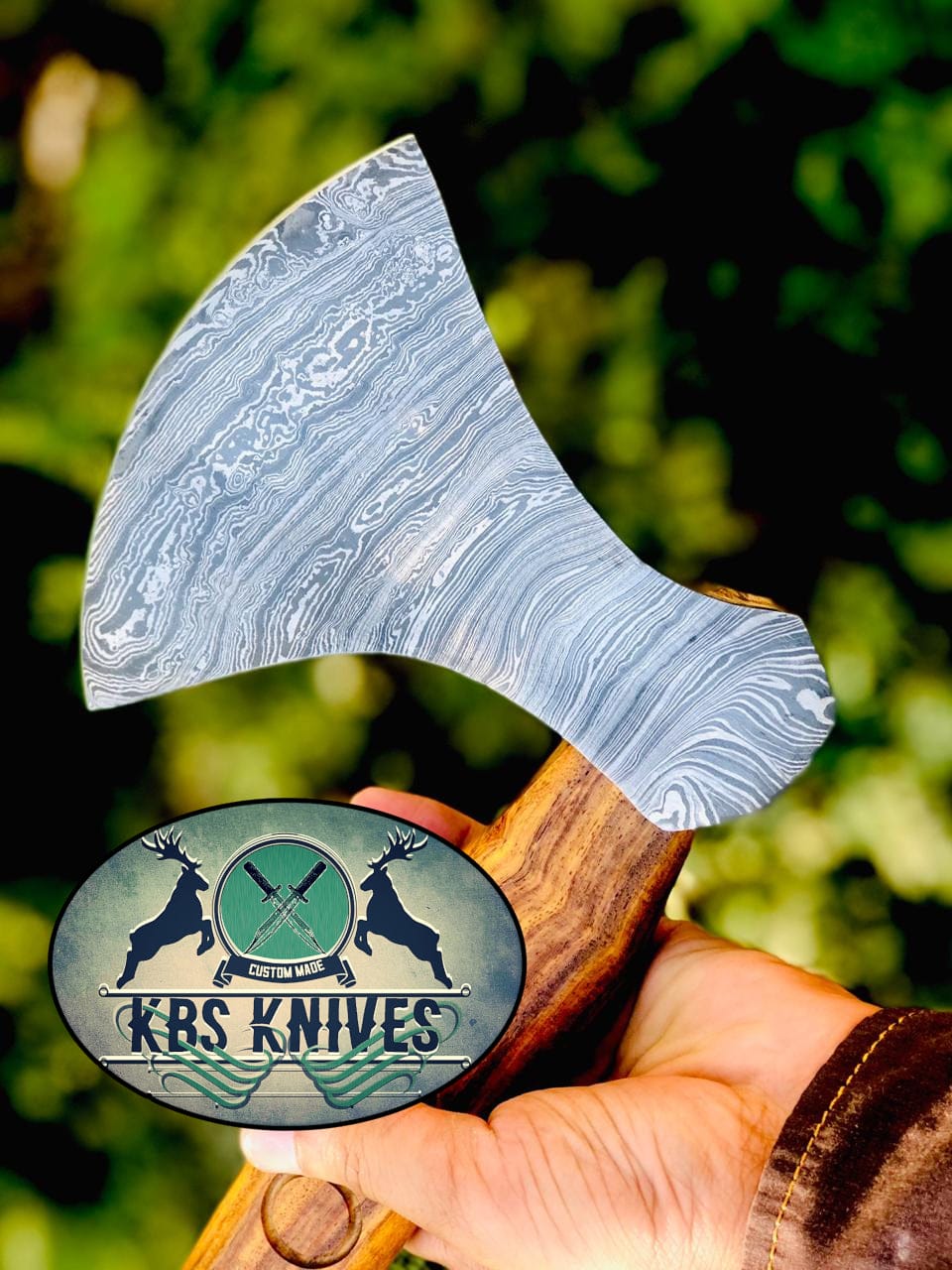 KBS Knives Store Axe Handmade Damascus Steel Viking Beard Axe with Hand-Carved Rosewood Handle and Leather Sheath